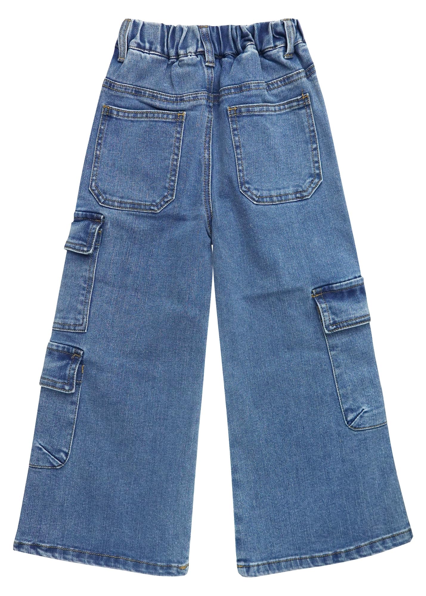 KIDSCOOL SPACE Pantaloni in denim elasticizzato a gamba larga da ragazza con 7 tasche, vita elastica a costine 5-14T con jeans cargo con anello a D
