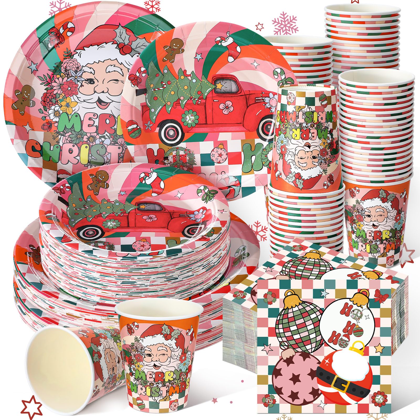 Hsei 250 Pcs Groovy Christmas Plates and Napkins Party decorations Disposable Tableware Sets Baby Shower Birthday Party Supplies Serves 50 Guests