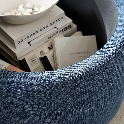 Miniatura 3 de Kakotito Moderna otomana redonda de almacenamiento con tapa de madera, mesa de centro otomana circular hecha a mano, mesa auxiliar y reposapiés para