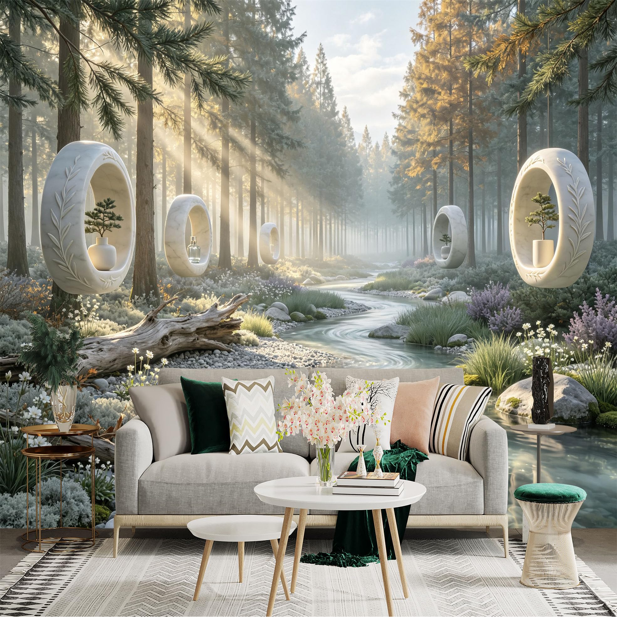Lnzczhyre Bh260719418 Custom Size Wall Sticker Mural， Serene Forest Stream With Floating Marble Sculptures， Misty Woodland Scenery， For Wall Decoration， Peelandstick Wall Decals.