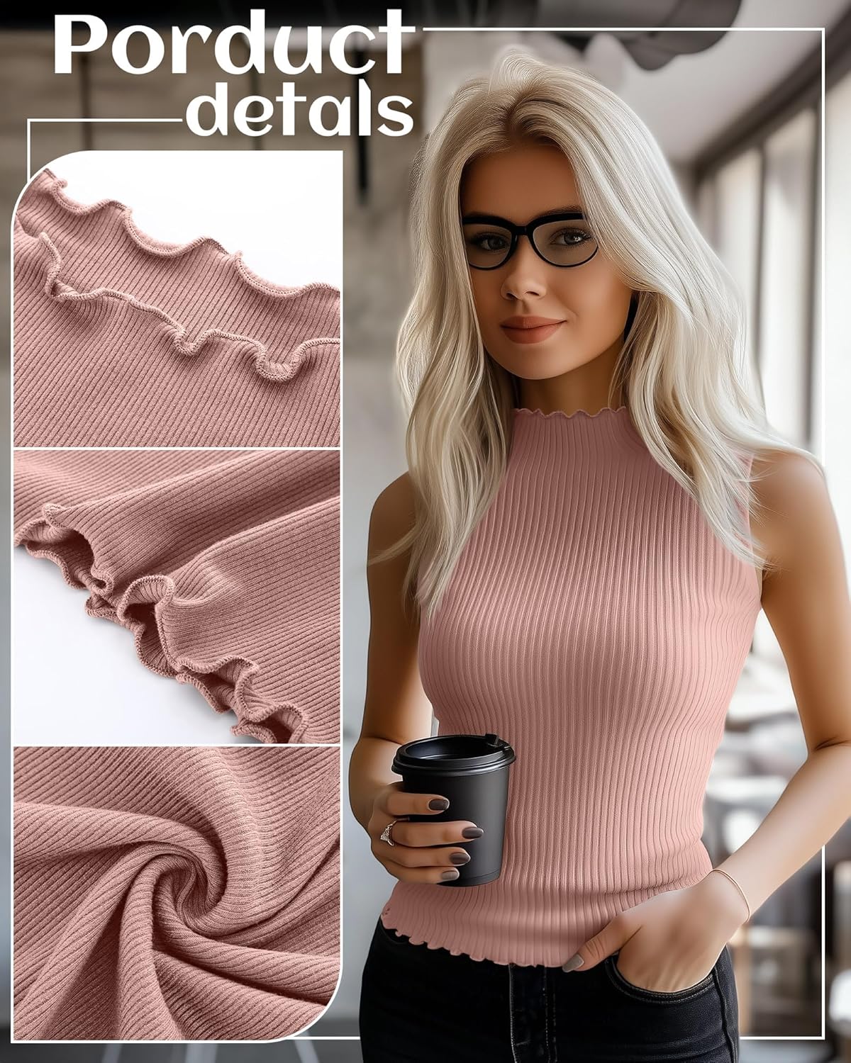 Riyiper 3 Pack Women's Sleeveless Mock Turtlenecks Shirts Lettuce Trim Ribbed Knit Slim Summer Casual Tank Tops Basic Tees - Image 5