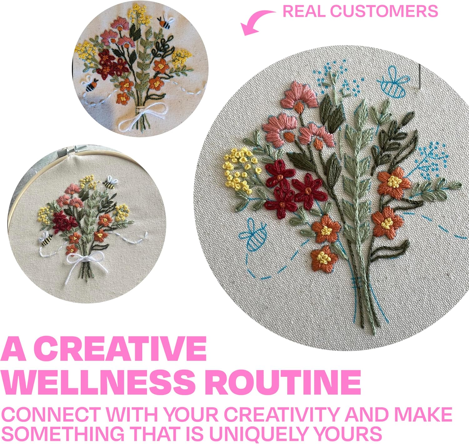 CRAFT CLUB Buzzing Bouquet Embroidery Kit | DIY Cross Stitch Craft Kit with Bamboo Hoop & Embroidery Thread Packs | Complete Arts & Crafts Supplies Gift Set for Beginners | Home & Room Décor Art Kit