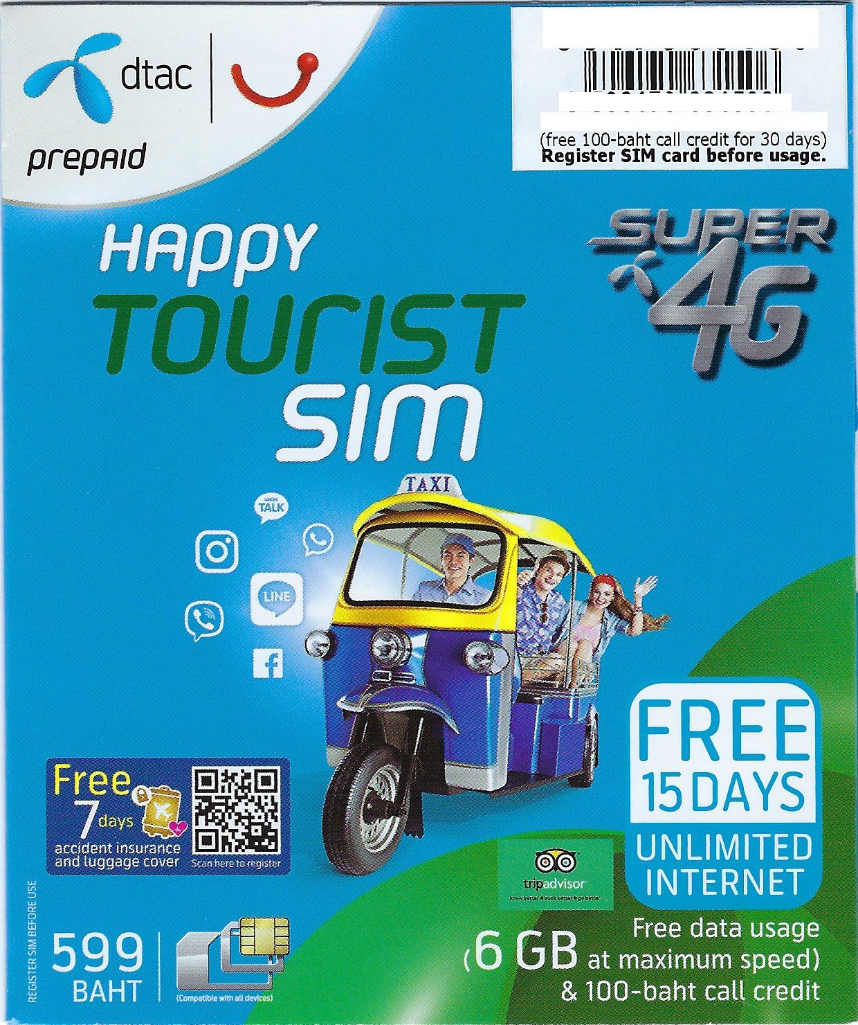 Prepaid Sim card Thailand DTAC Happy Tourist - Calls & Texts - 6GB Data in 4G - 15 Days