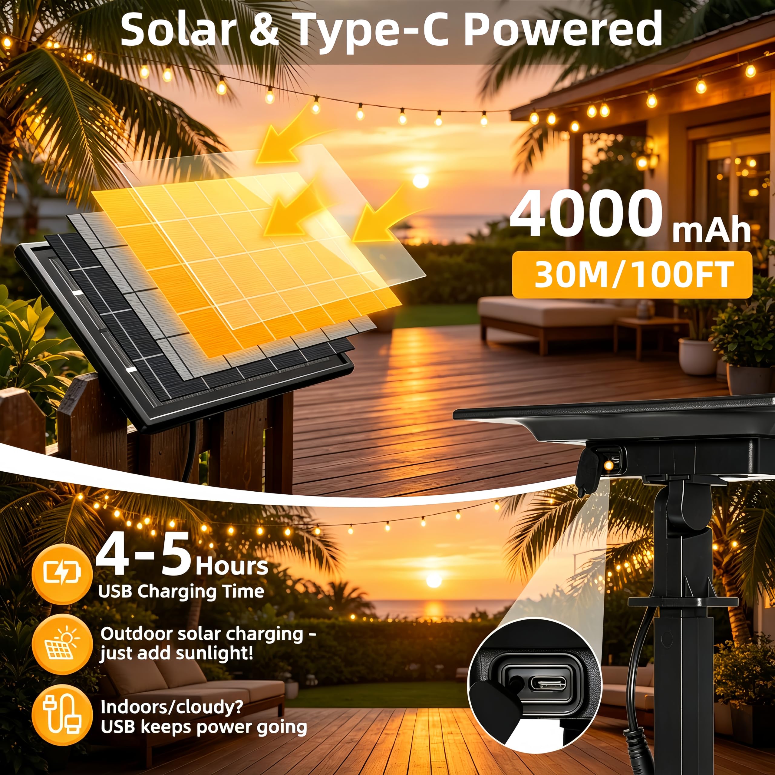 Guirnaldas Luces Exterior Solar 30M, Impermeables Regulable | Luces Exteriores con 50+2 Bombillas Irrompibles, Carga solar o USB, 3 Modos, Ideal para Terrazas, Jardines, Balcones, Fiestas