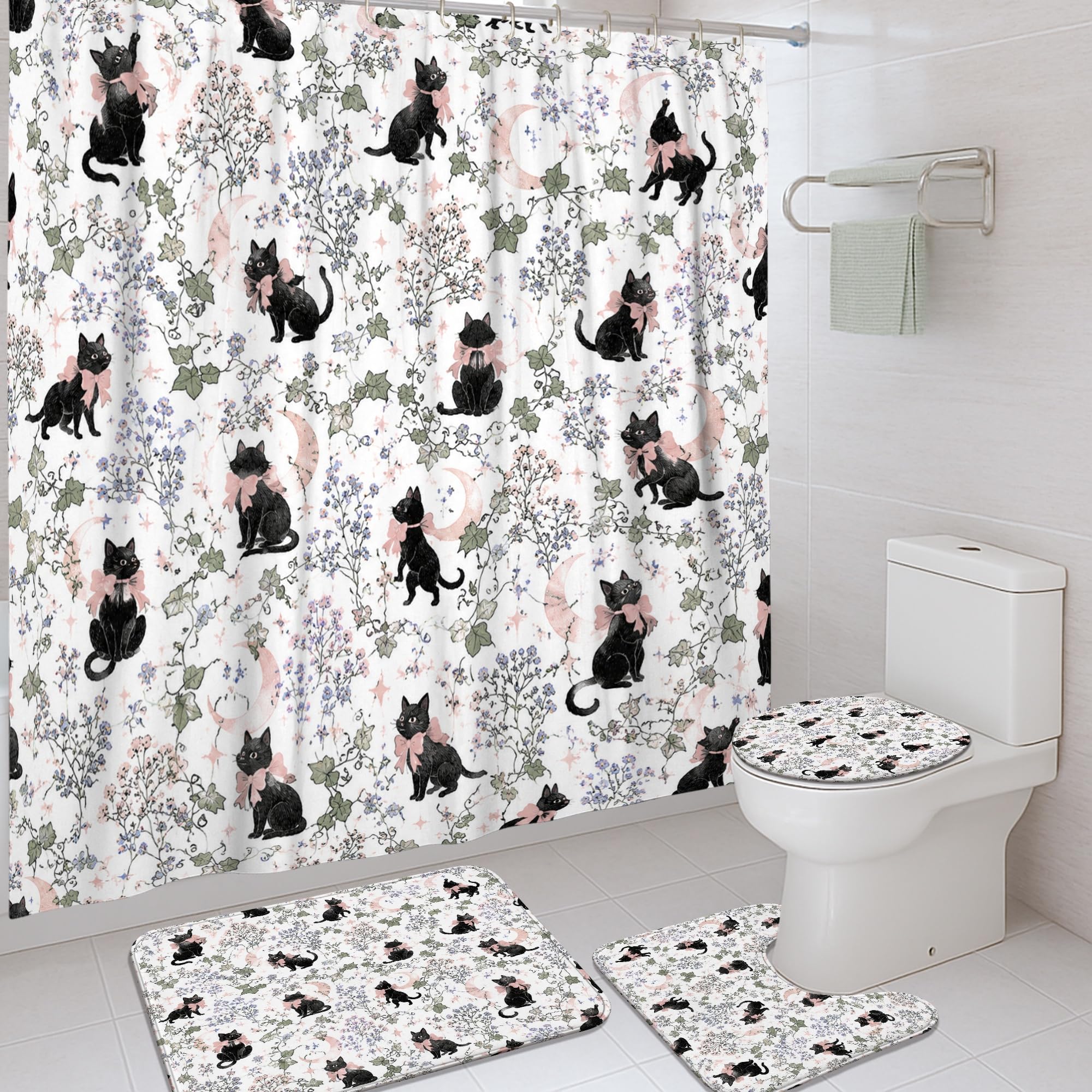 Rideau de douche motif chat noir et fleurs de nature pour une salle de bain zen