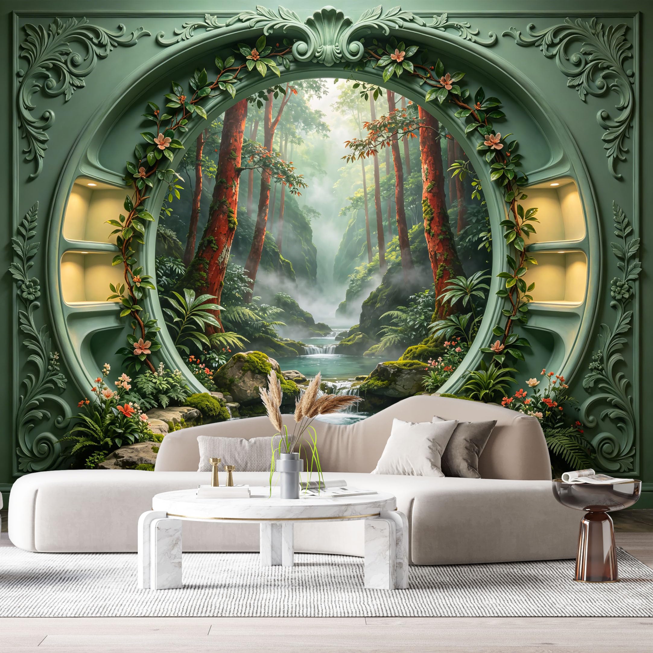 Custom Size Wall Murals Forest Stream Landscape Neoclassical Arch 3D Trompe L'Oeil SelfAdhesiveWall Fabric Removable Wallpaper Wall Decor for Living Room Bedroom Bathroom