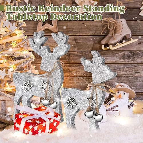 Miniatura 10 de 2 piezas de decoración navideña de renos de Navidad, decoración de escritorio de ciervos de Navidad, decoración de mesa de pie de reno rústico para