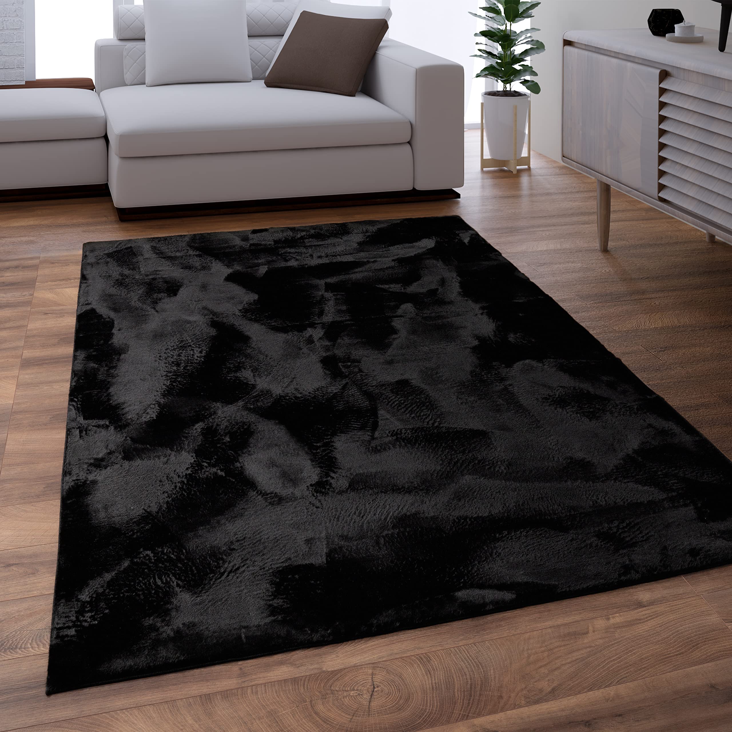 Paco Home Teppich Wohnzimmer Schlafzimmer Kunstfell Shaggy Hochflor Flauschig Soft Einfarbig Schwarz, Grösse:160x220 cm