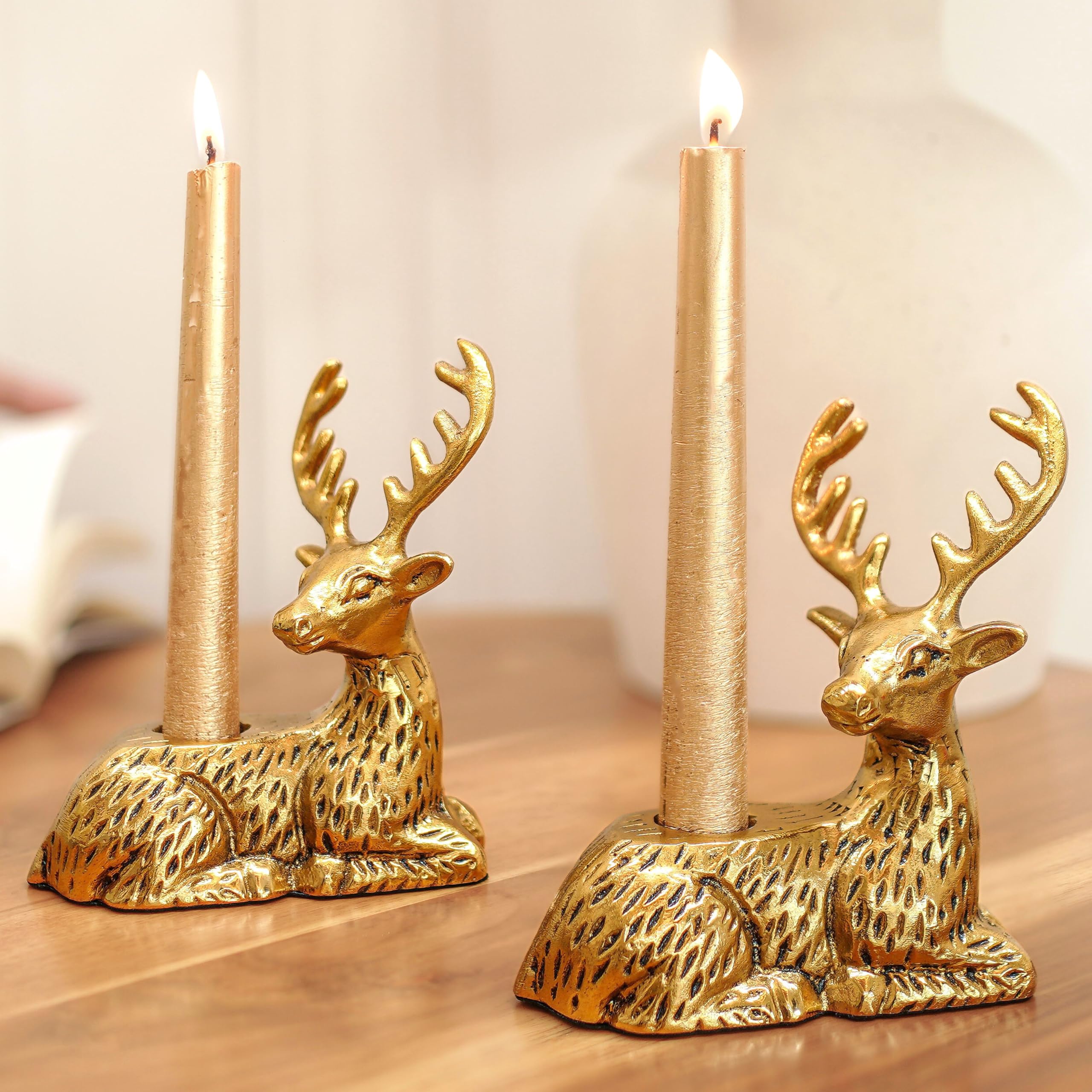 BEHOMA Christmas Reindeer Figurine Candle Holder for Home Decoration | Antique Gold Deer Decorative Stag Candle Stand for Home Décor | Best Gift for Anniversary, House Warming, Return Gift (Set of 2)-image-32