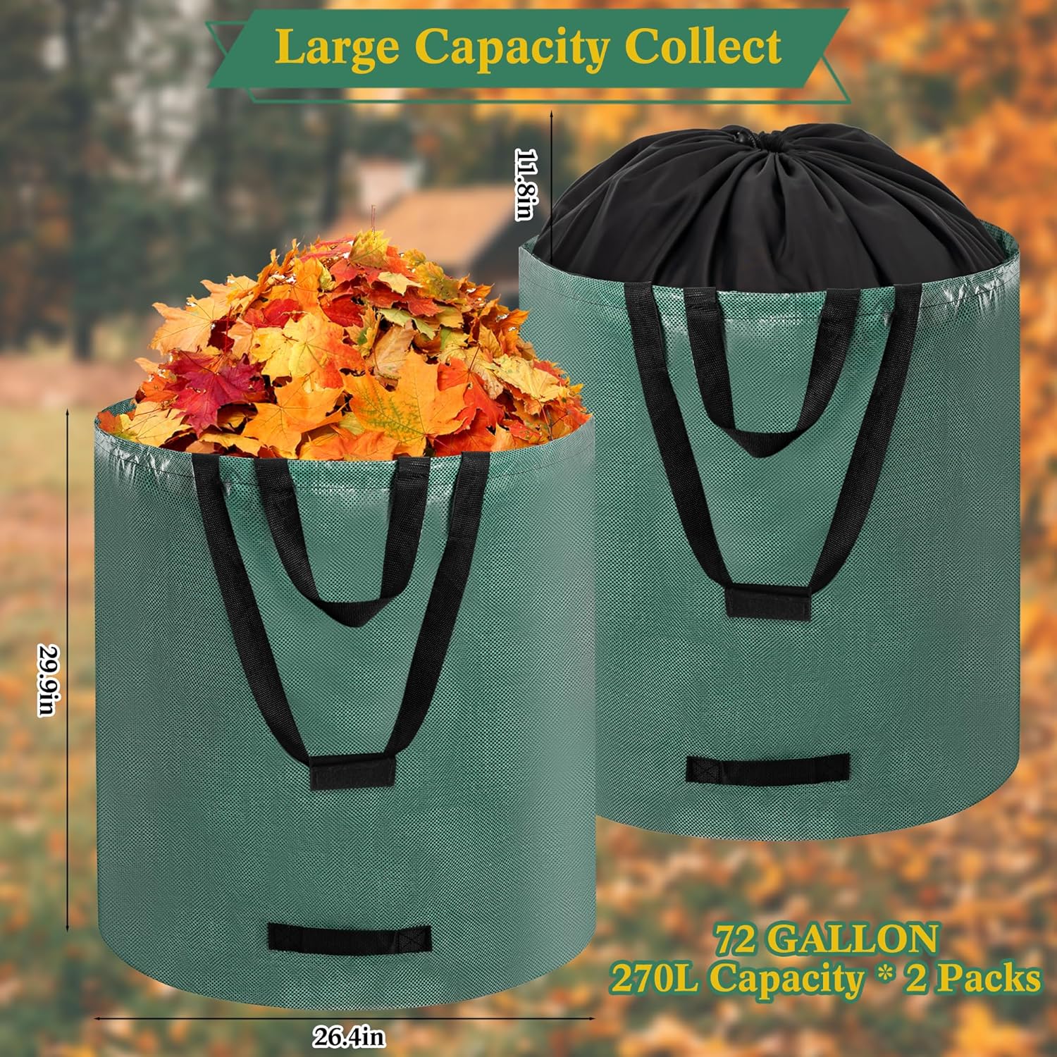 Reusable Yard Waste Bags, 2 Pack 72 Gallon Heavy Duty Lawn Leaf Garden Bag with Extension Layer, Handle & Shoulder Strap, Foldable Leaf Bags for Leaves Lawn Trash