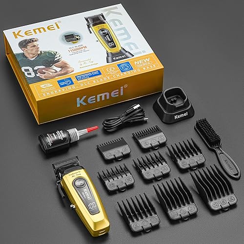 Miniatura 7 de KEMEI Cortapelos profesionales 90-4 para hombres, 11500 RPM con pantalla LED, recortadora de pelo inalámbrica con cuchilla DLC y base de carga,