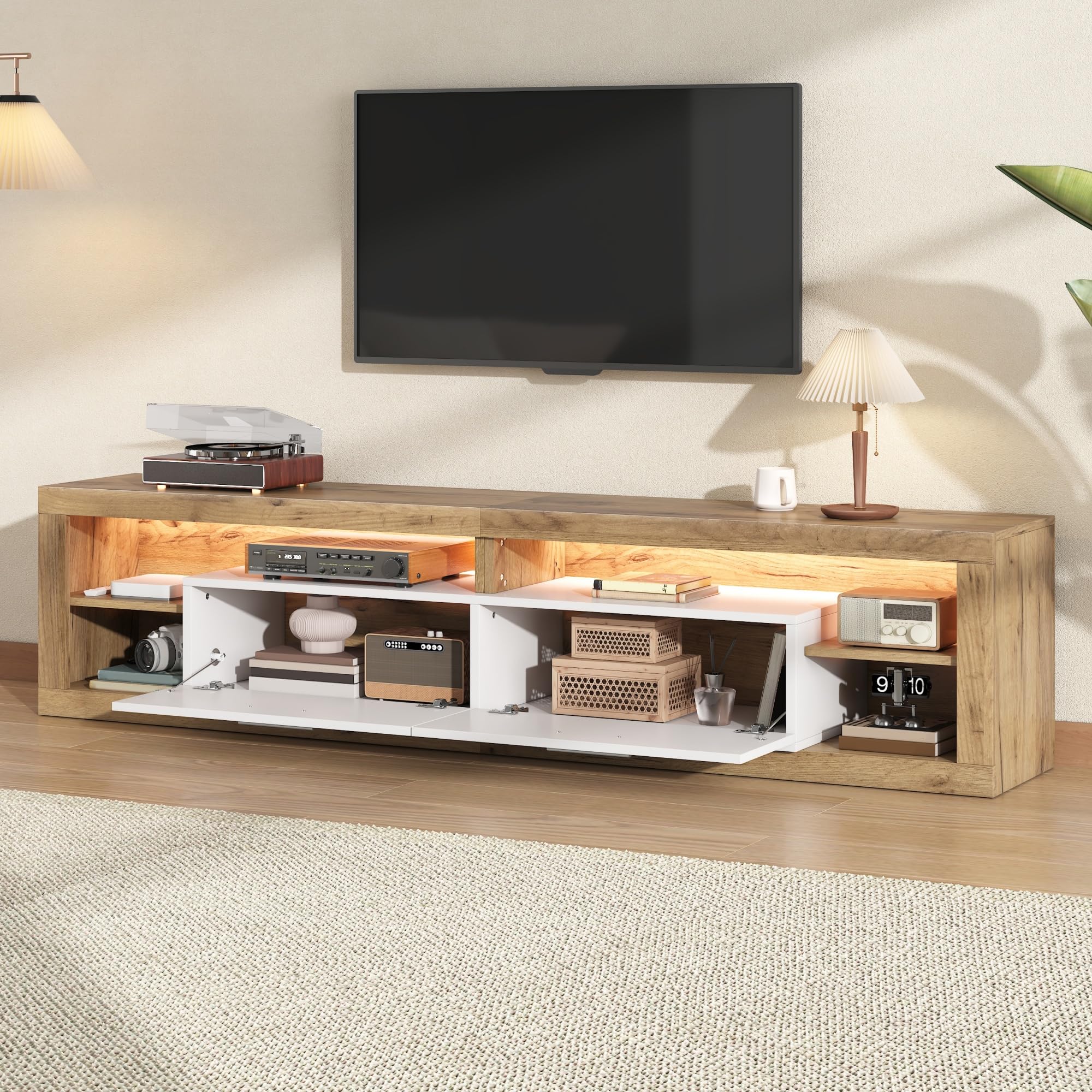 Lowboard scandinave 180cm pour grand téléviseur 75 pouces en bois