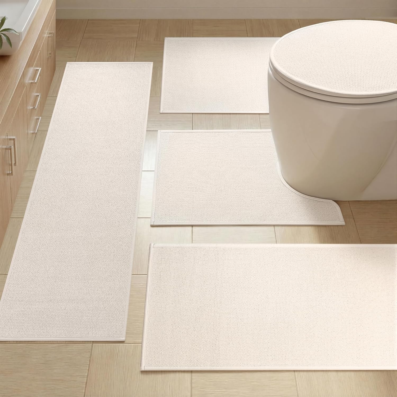 YIHOUSE Bathroom Rugs Mats Sets 5 Pieces Beige, Ultra Thin Bath Mat Absorbent Non Slip Bath Rugs for Bathroom Washable, Shower, Sink, Laundry (Beige, 5 Pieces)