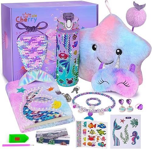 Cherry Tale Mermaid Toys Gifts for Girls 4-6 7 8 9 10 Years Old, Girls Birthday Gifts Set with Light Up Star Pillow Diary Plush DIY Water Bottle