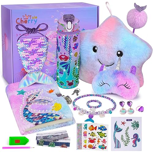 Cherry Tale Mermaid Toys Gifts for Girls 4-6 7 8 9 10 Years Old, Girls Birthday Gifts Set with Light Up Star Pillow Diary Plush DIY Water Bottle Kits, for Daughter Niece Christmas