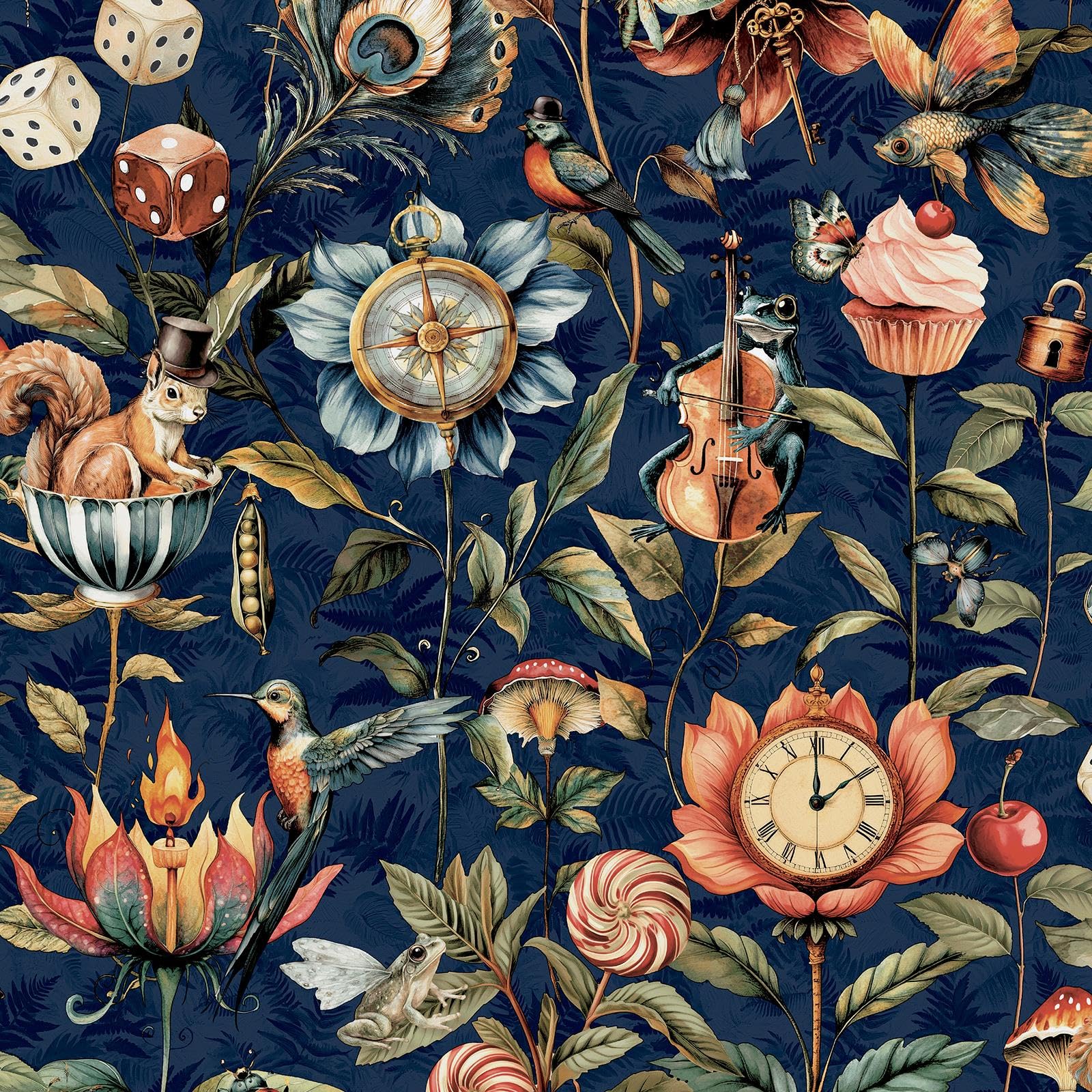 World Of Wallpaper Navy Blue Curious Creatures Quirky Animal Themed Wallpaper With Lush Drawn Plants For Feature Walls, Bedrooms, Living Rooms, Cloakrooms In 50472