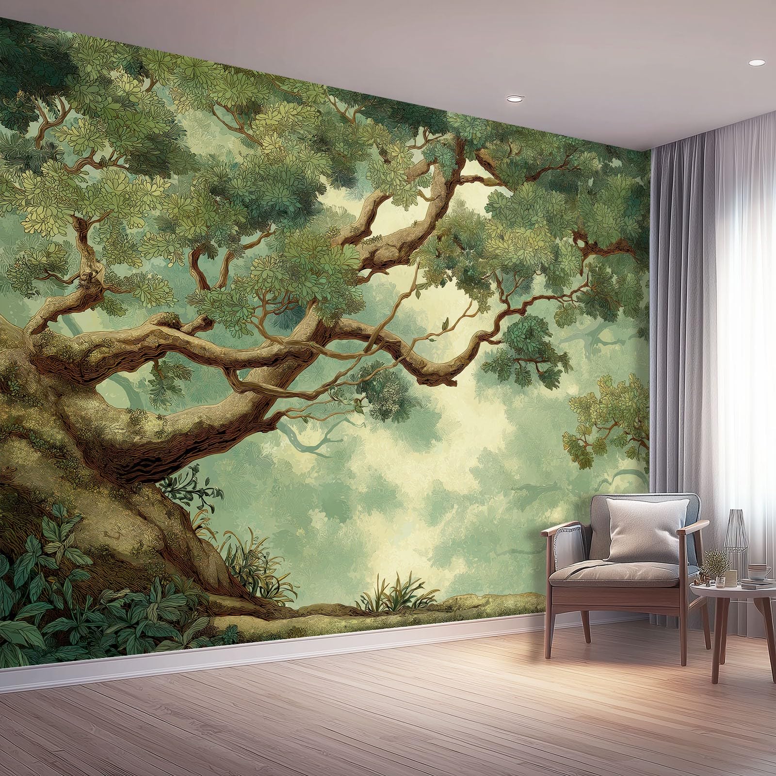 Landscape Nature Non-Self Adhesive Mural Wallpaper 350 x 256 cm, Oak Leaves Texture Non-Woven Waterproof Easy to Clean Wallpaper for Bedroom Living Room Furniture, Green Brown Thickened ation
