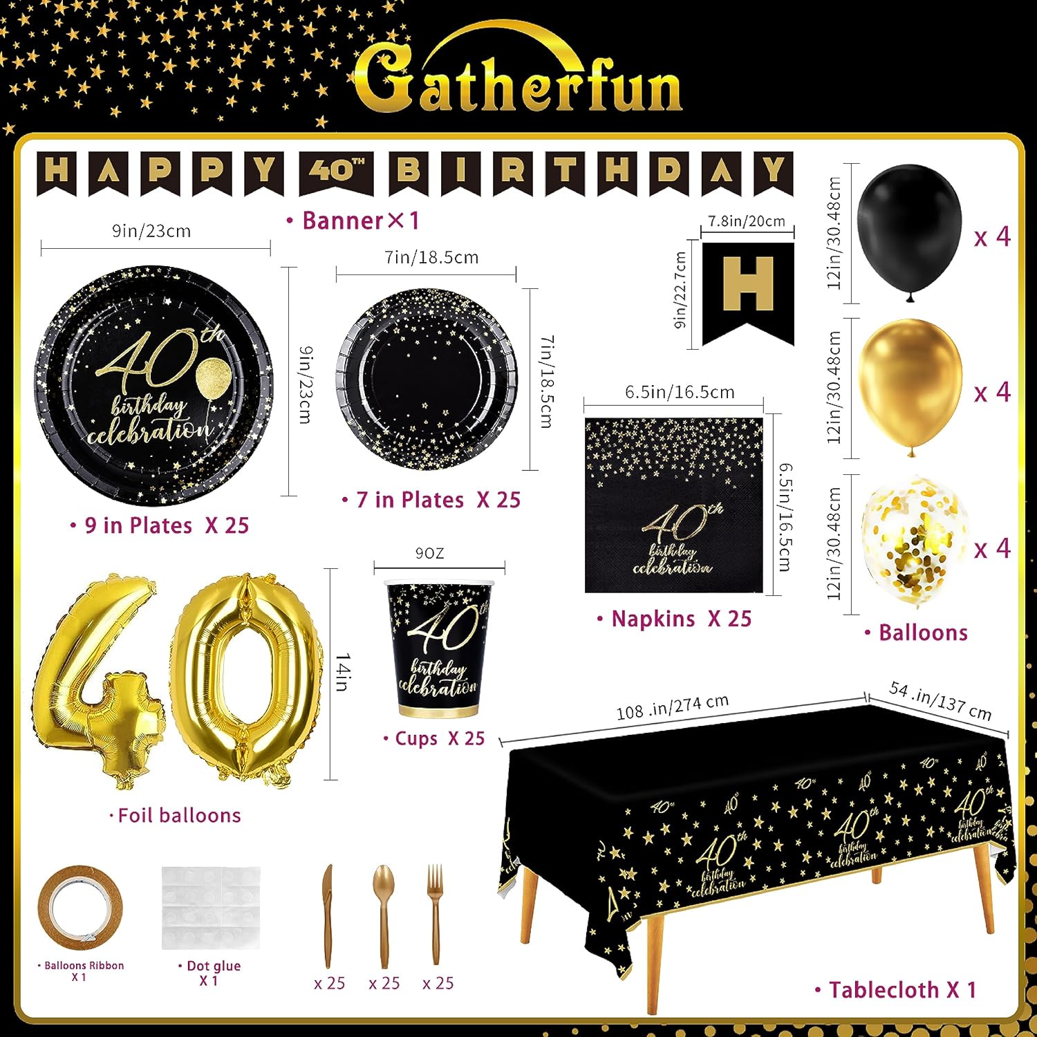 Gatherfun 40th Birthday Party Supplies Disposable Paper Plates Napkins Cups Knives Spoons Forks Tablecloth Banner Number 40 Balloons for Men Woman Black and Gold 40 Birthday Party Decorations Serve 25