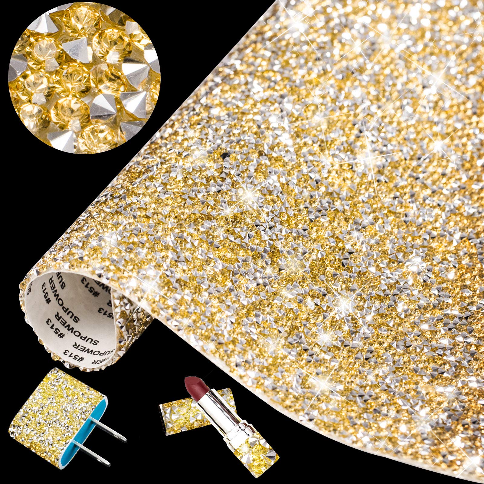 Whaline 12000Pcs Bling Crystal Rhinestones Sticker Sheet AB Color Glitter Rhinestones Crystal Gem Stickers Self-Adhesive DIY Car Decoration Stickers for Phone Gift Crafts, Champagne Gold, 3mm