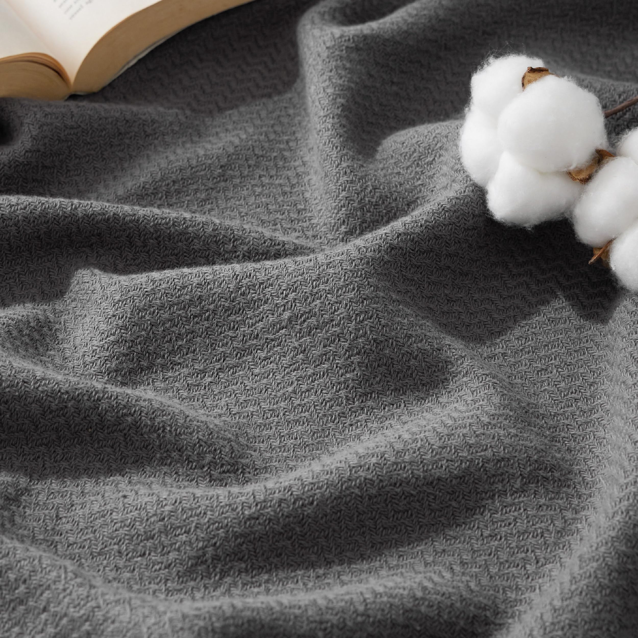 Photo 1 of Bedsure GentleSoft 100% Cotton Blanket Queen Size for Bed - Cooling Breathable and Lightweight, Soft Cozy Textured Herringbone Woven Blanket for Summer, Dark Grey, 90x90 inches