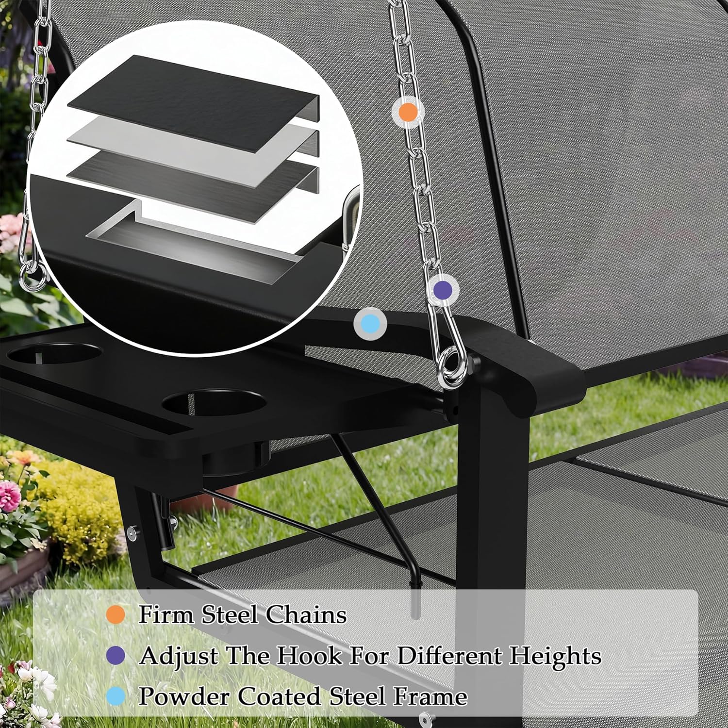 HOMREST Textilene 3 Seat Porch Swing with Cup Holder, 5.3FT Patio Hanging Swing Bench, 700lbs Capacity Outdoor Porch Swing with Hanging Chains for Deck Garden Backyard (Gray)