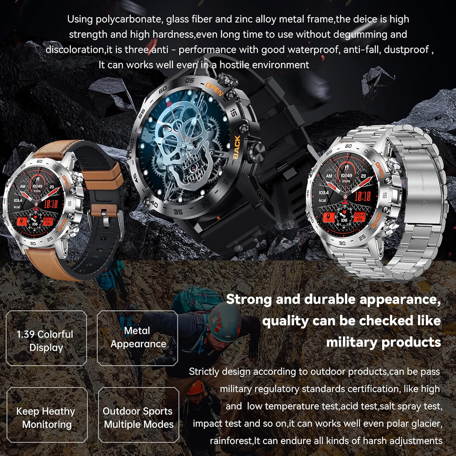 SGDDFIT Military Smart Watch with various strap options and rugged design details