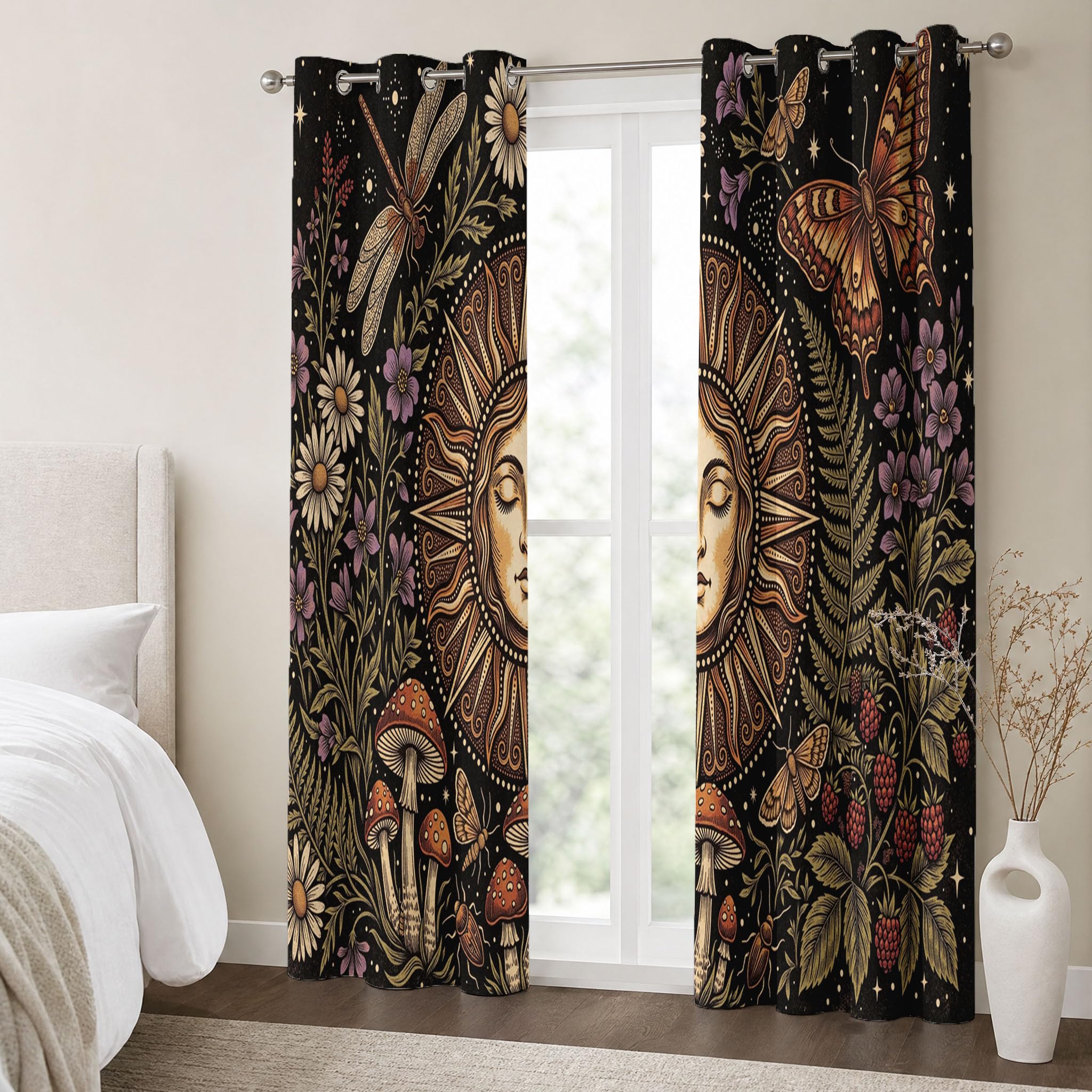 Cortinas Opacas De Tótem Solar Bohemio Planta Retro Cielo Estrellado | Juego De 2 Unidades, Cortinas Opacas con Ojales, Negro, Aislamiento Térmico para Salón Dormitorio, 140Anx260Al Cm