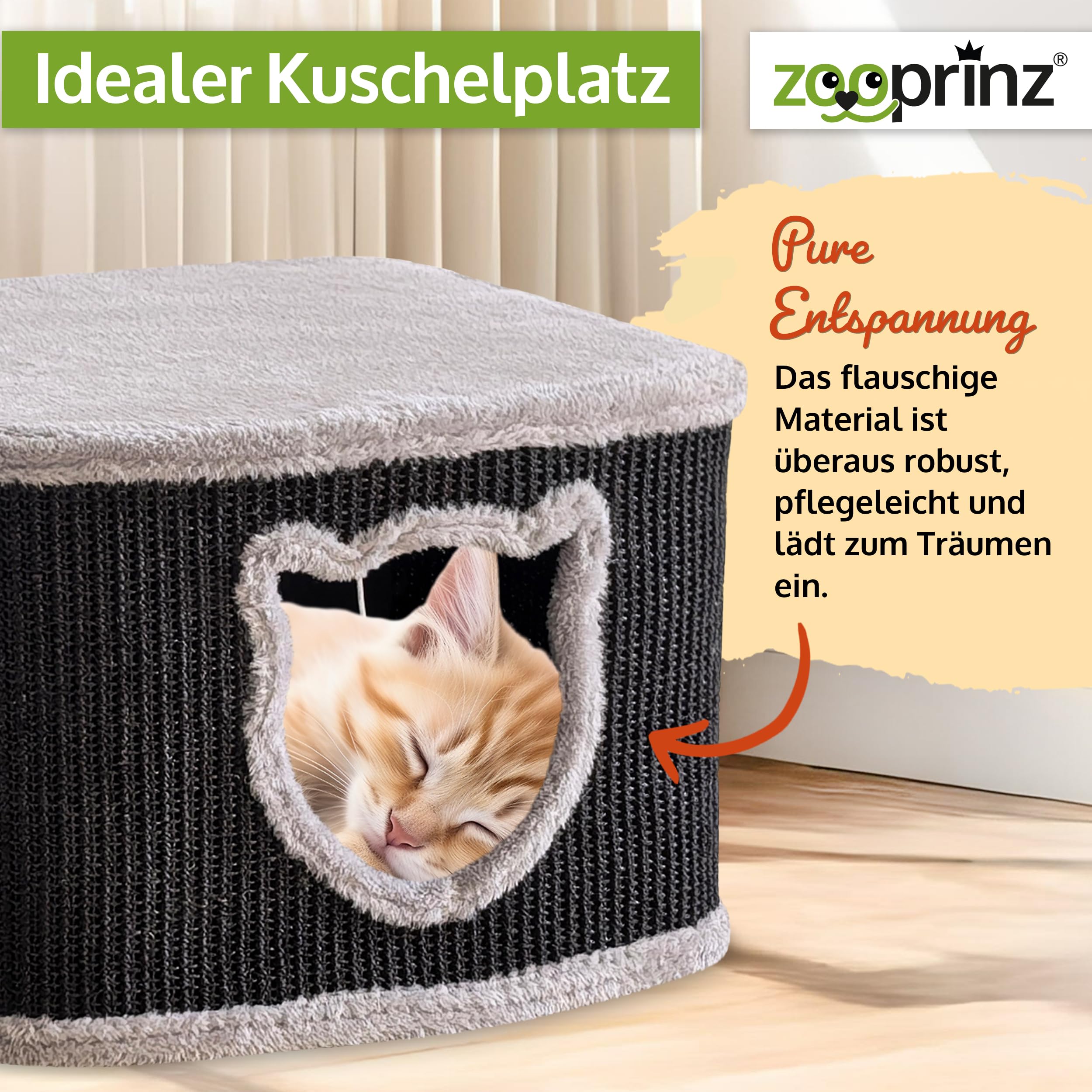 zooprinz Katzenhaus schwarz mit Sisal-Wänden und Plüsch | Katzenkorb und Katzenhöhle mit Spielball, Katzenbox und Katzenkiste im skandinavischen Look