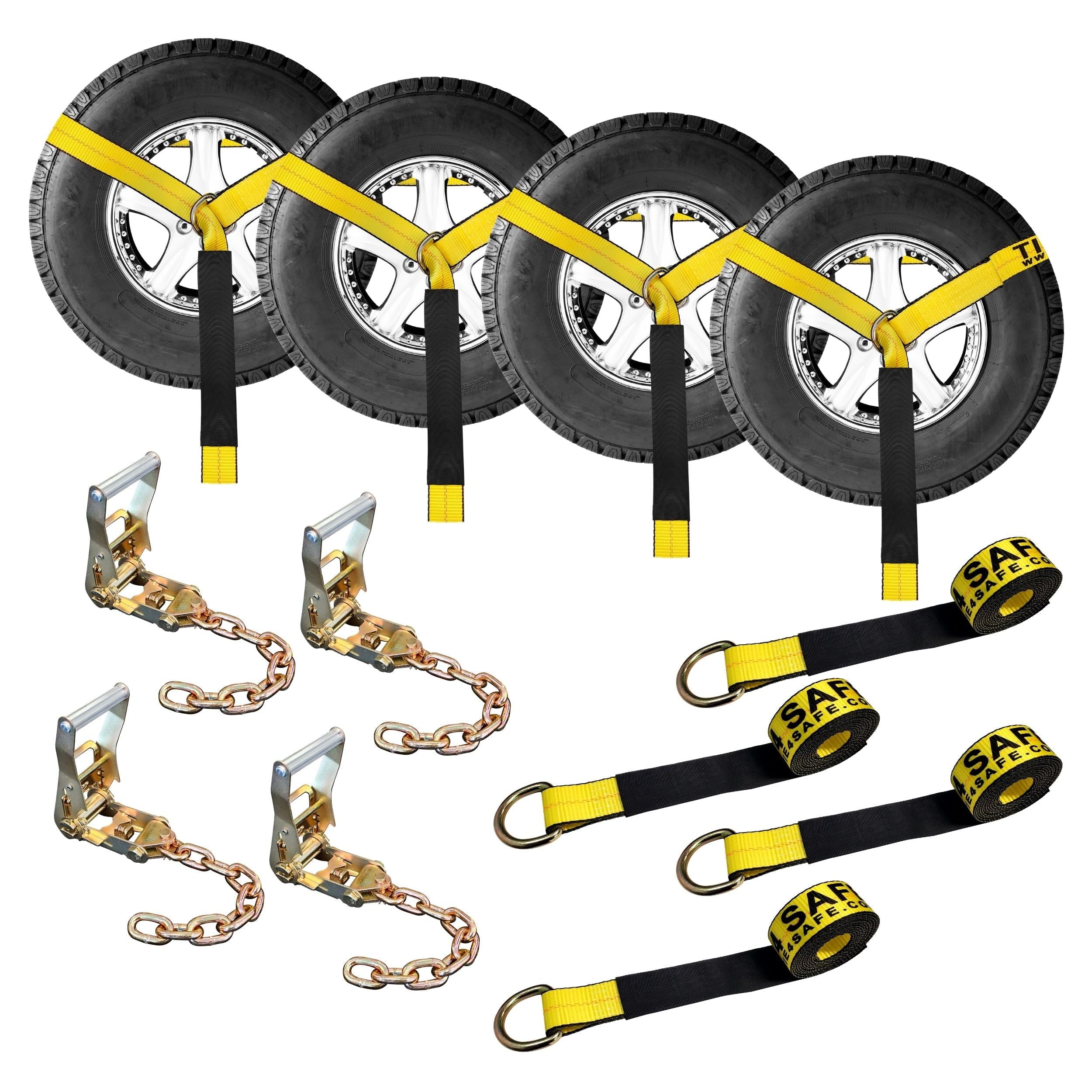 Mega Cargo Control Side Mount Wheel Nets with Ratchet & Chain Extensions, 4 Pack Yellow Lasso Tie Down Straps for Car Hauling