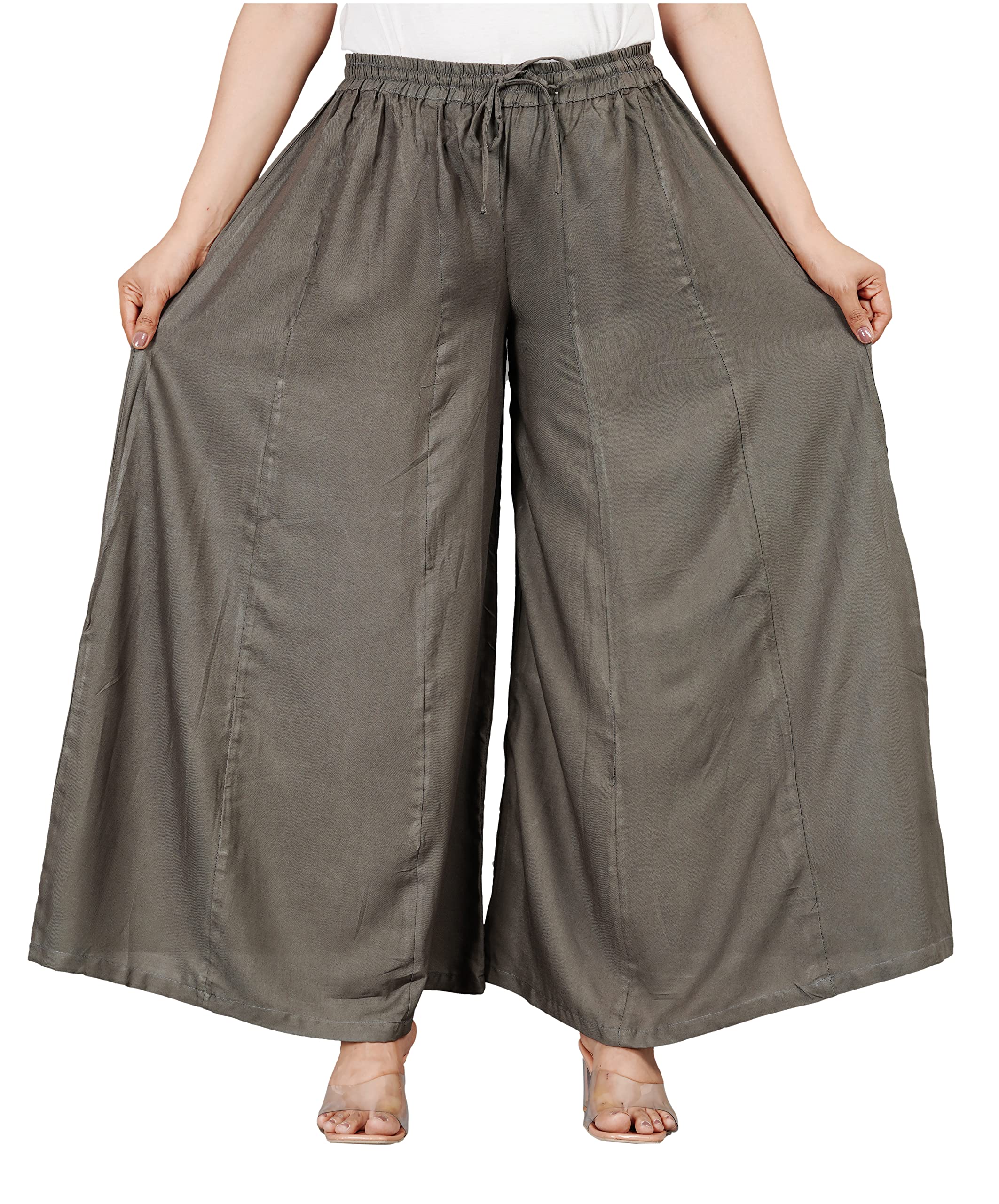 Women's Rayon Loose Fit Flared Wide Leg Palazzo Pants Soft Plain/Solid Design with Drawstring Elastic (Pack of 1)-picture-35