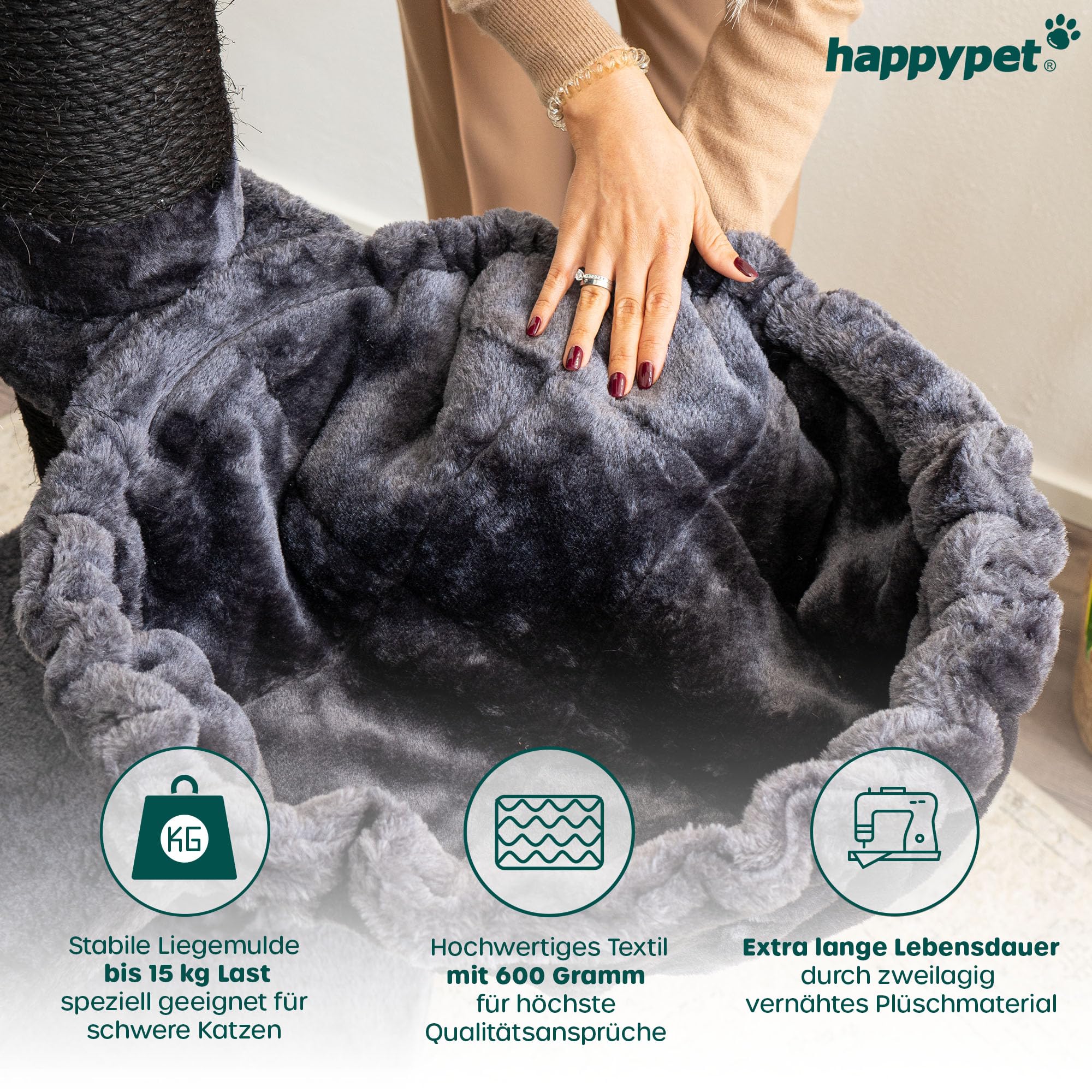 HAPPYPET Universal XXL Liegemulde für Kratzbaum Ø 45 cm - Schlafmulde für große Katzen, Maine Coon, Stabil bis 20 kg Traglast, Hängematte, Katzenliege, Katzenmulde, Anthrazit