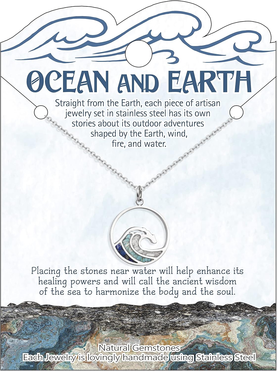 Lauren-Spencer Ocean Wave Pendant Necklace for Women, Ocean Beach Themed Jewelry Gifts for Women, Turquoise Sodalite Chips Stainless Steel Necklace, Blue Surf Necklace for Women - Image 5