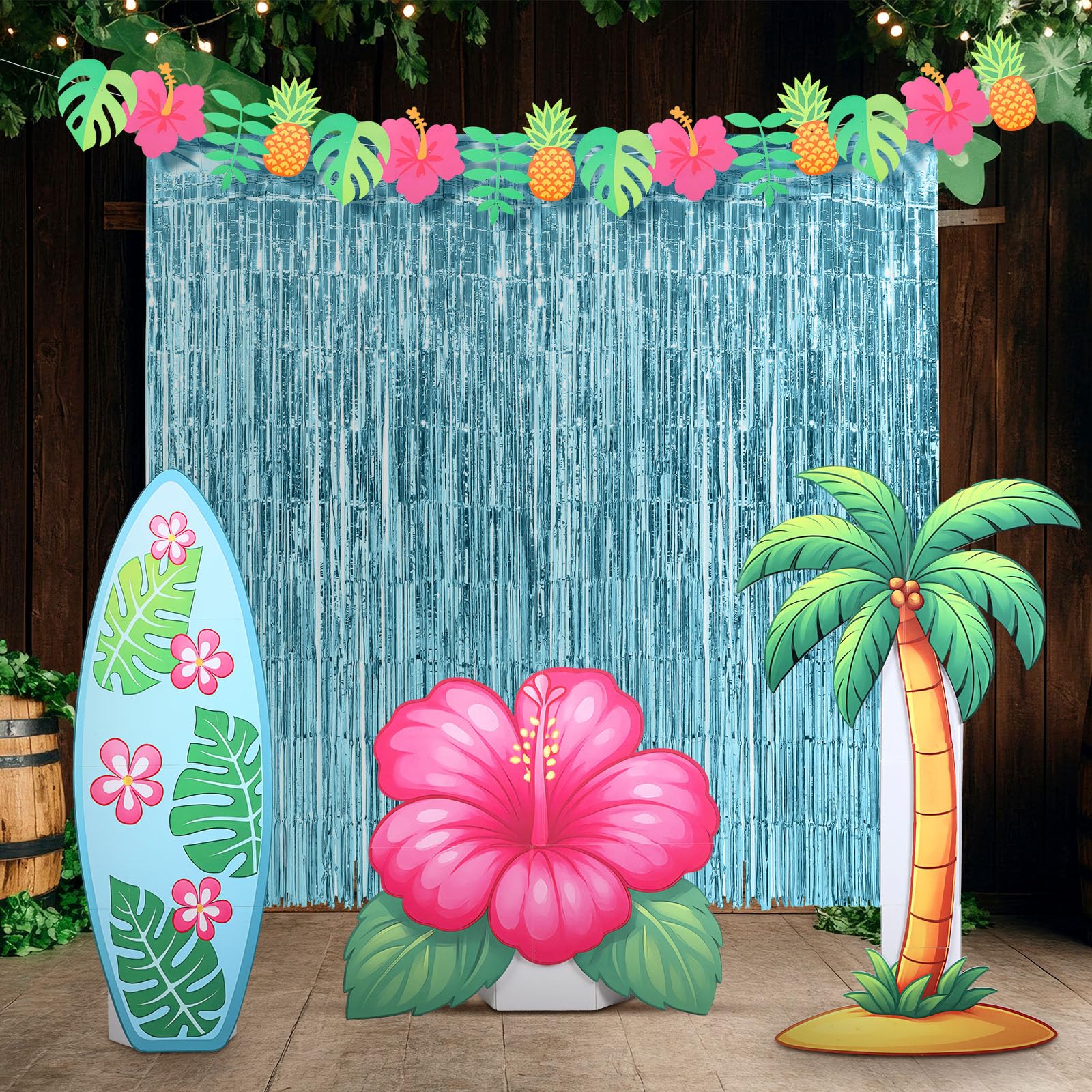 Jenaai Tropische Luau-Party-Dekoration, Strand-Hawaii-Partyzubehör, beinhaltet 2 blaue Folien-Fransenvorhänge, 3 große Surfbrett- und Palmen-Karton-Dekor, Papierbanner für hawaiianischen