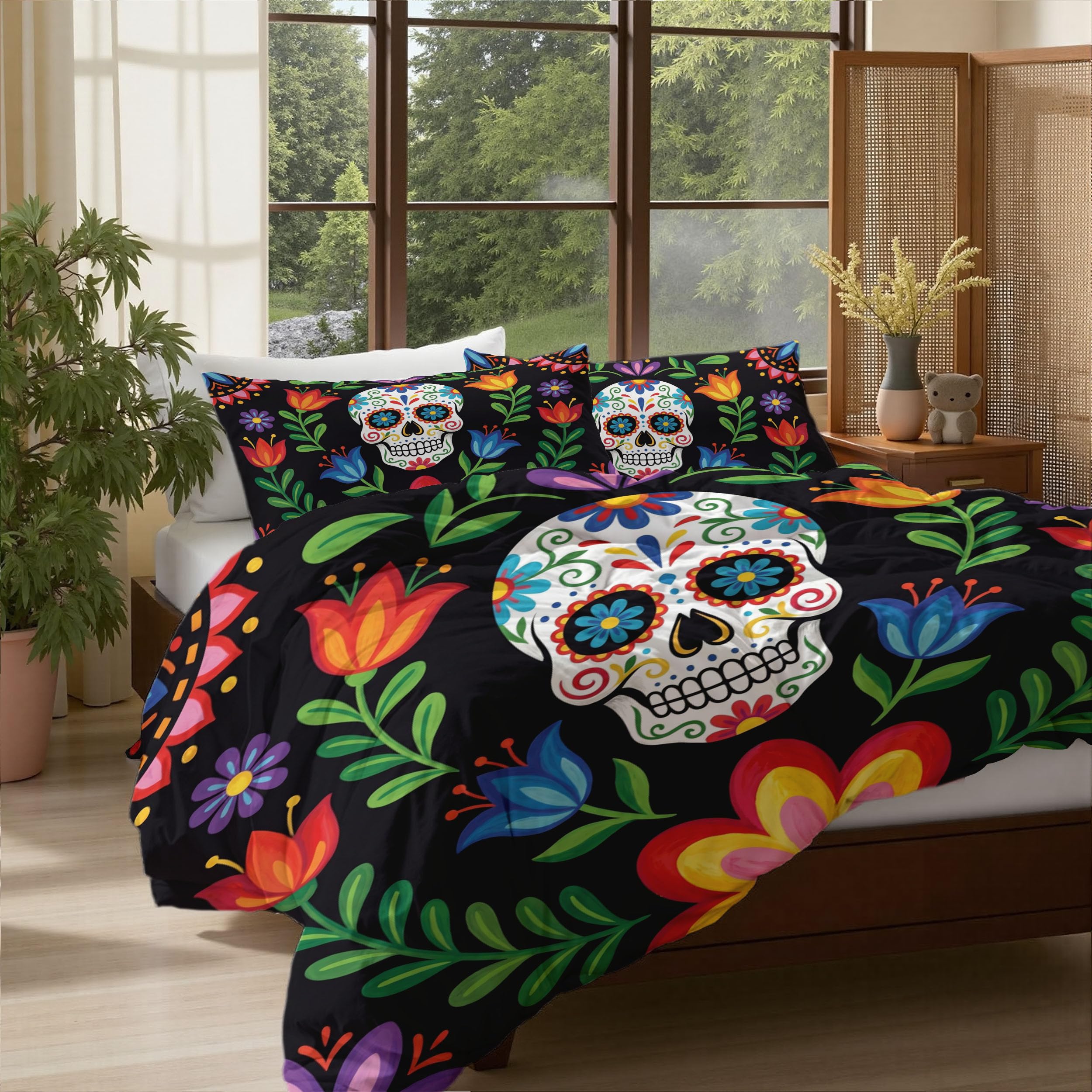 Parure de lit 200x200 crâne mexicain bleu-vert pour une chambre style exotique