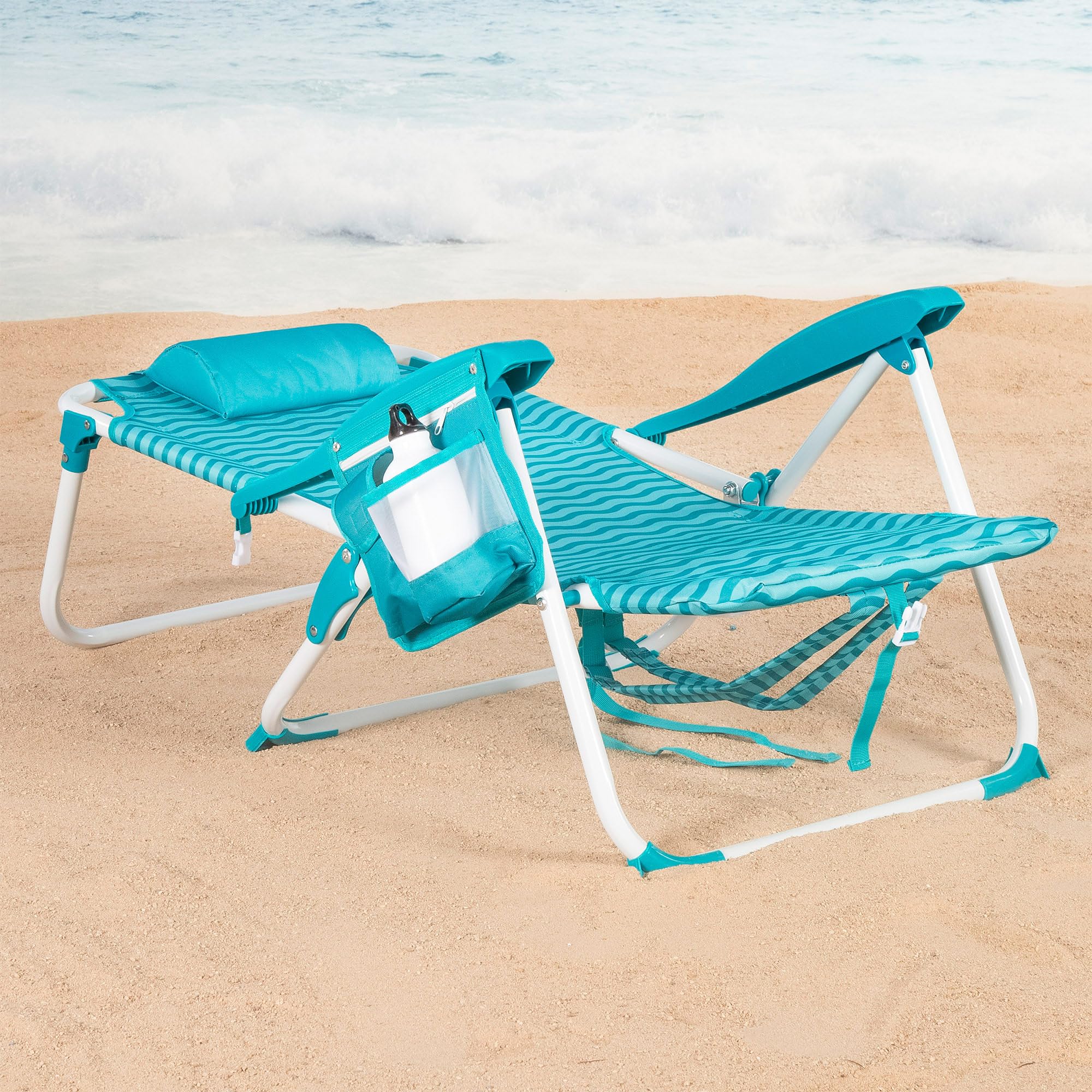 AKTIVE Silla de playa plegable, Azul, 48x58x76 cm, 4 posiciones, Antivuelco, Aluminio y poliéster, Peso soportado 110 kg, Bolsillo lateral y trasero, Cojín, Transporte mochila (62530)