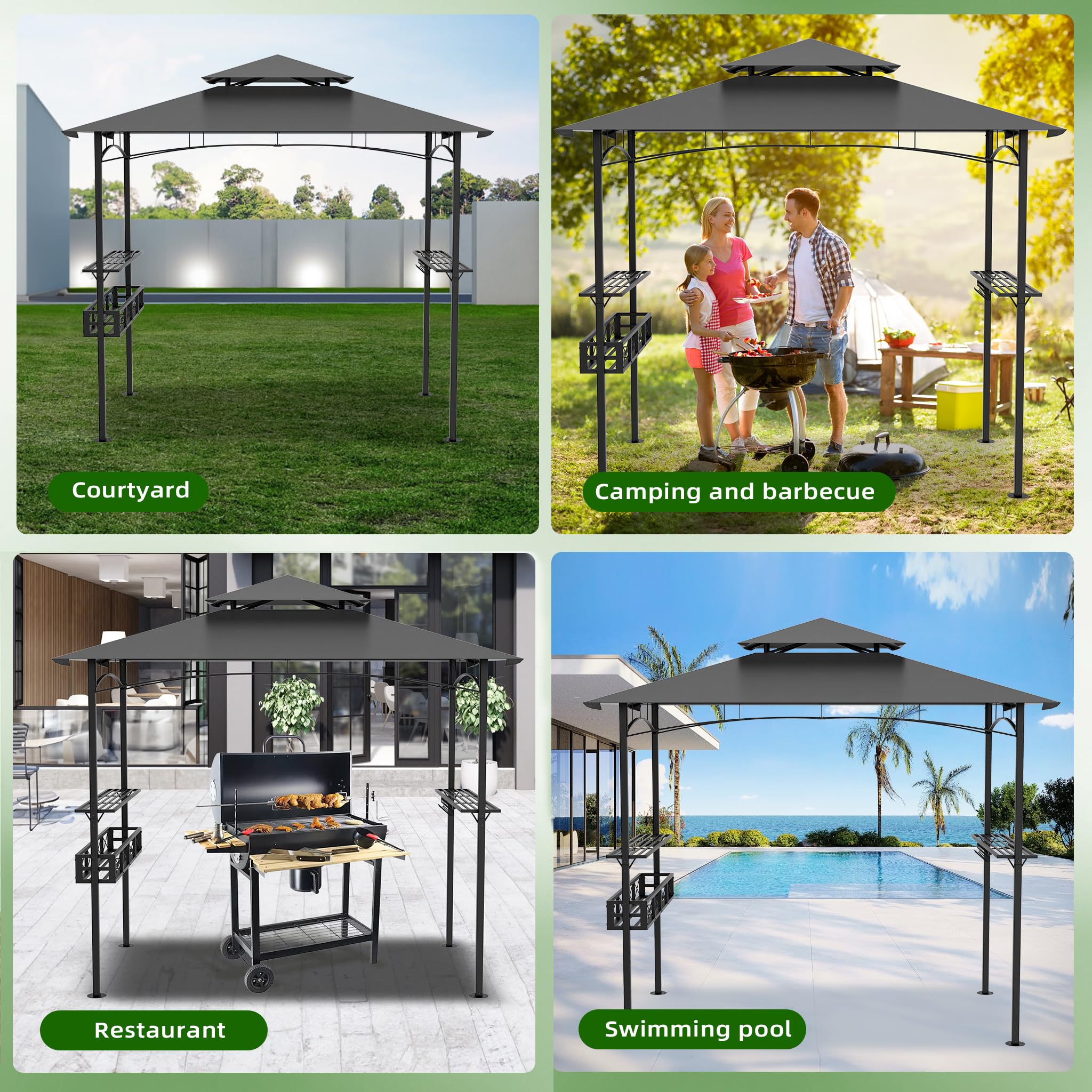 Pawilon grillowy z dwuwarstwowym dachem, 245 x 153 x 250 cm, odporny na działanie wody, ognioodporny, w zestawie kosz do przechowywania, pawilon BBQ na imprezy grillowe, do ogrodu i na taras, szary