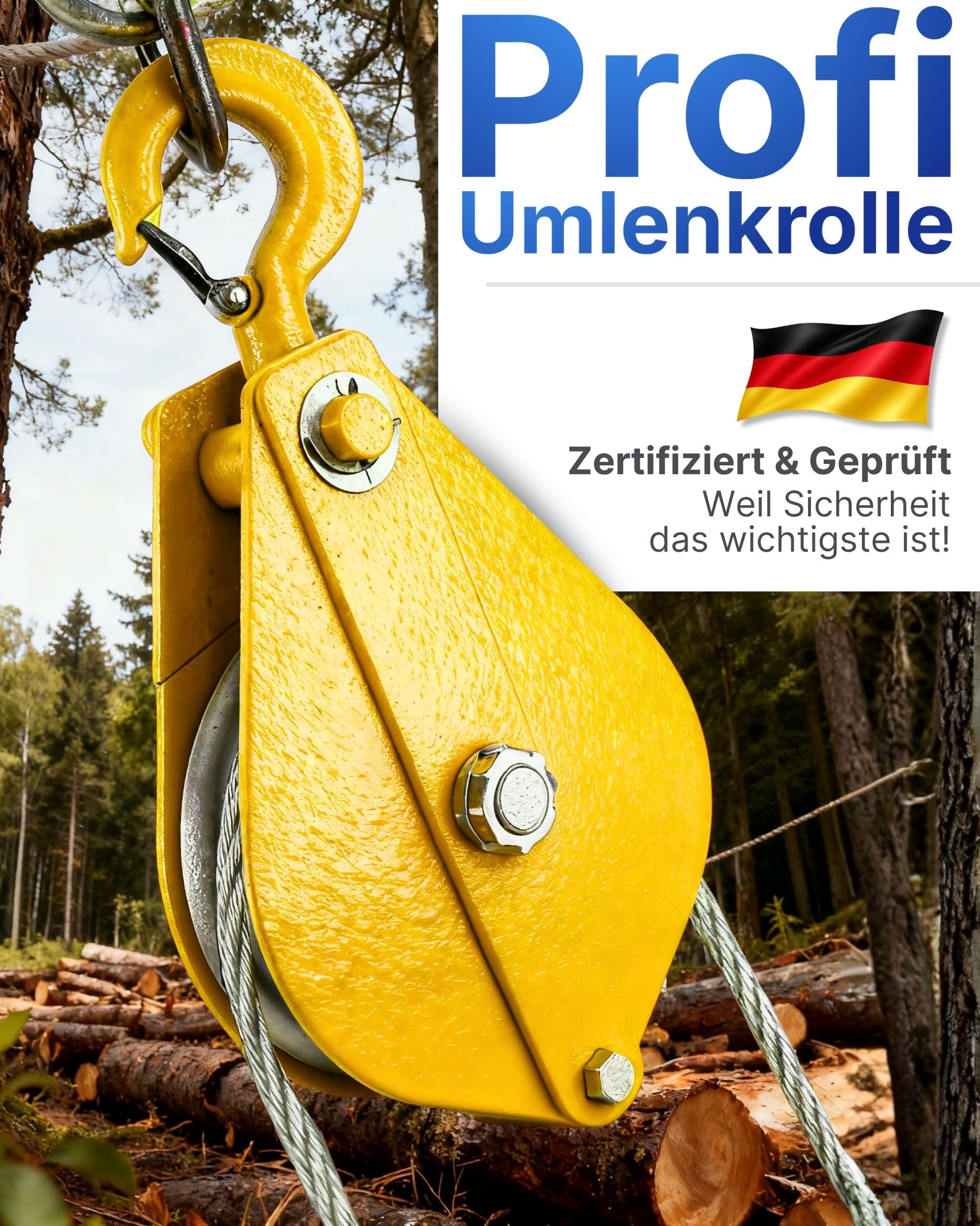 Robuste Umlenkrolle mit Haken 0,5-3,2 Tonnen – CE-zertifizierte Forstrolle aus Stahl, aufklappbar, Wirbel-Lasthaken, dauergeschmierte Lagerung - Tragfähigkeit 1000KG
