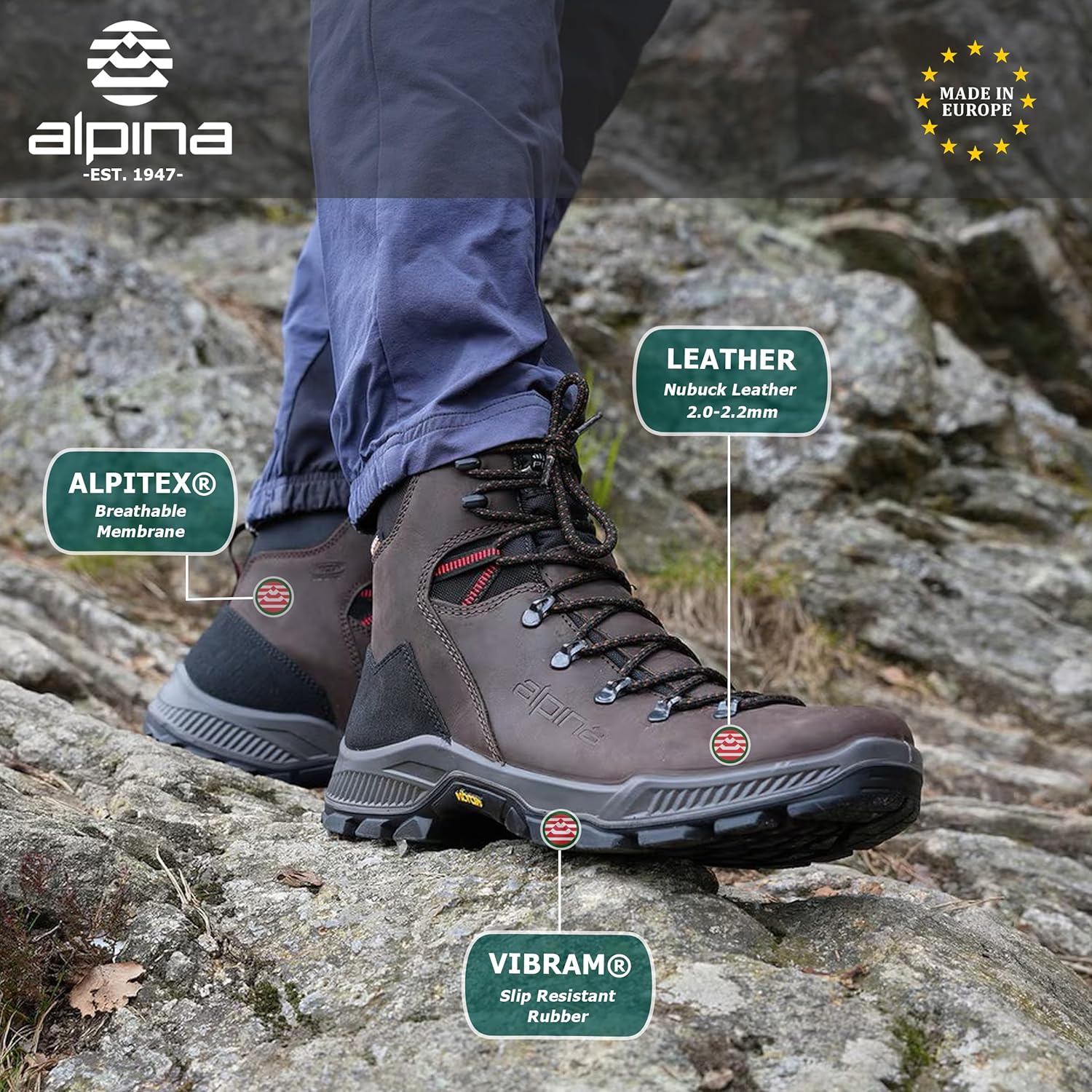 Alpina PRIMA Men's Hiking Boots | 7½ inch Leather Waterproof Ankle High Outdoor Shoes | Vibram - All Weather Grip | Comfortable Trekking Footwear | Made in Europe