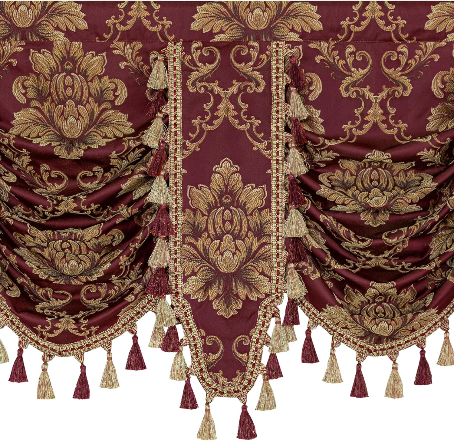 Loom and Mill Classic Waterfall Valances for Living Room Bedroom, Elegant Floral Jacquard Thick Damask Swag Curtains Window Valance with Tassels for Party Banquet Decor (Wine Red, W59 Inch, 1 Panel)