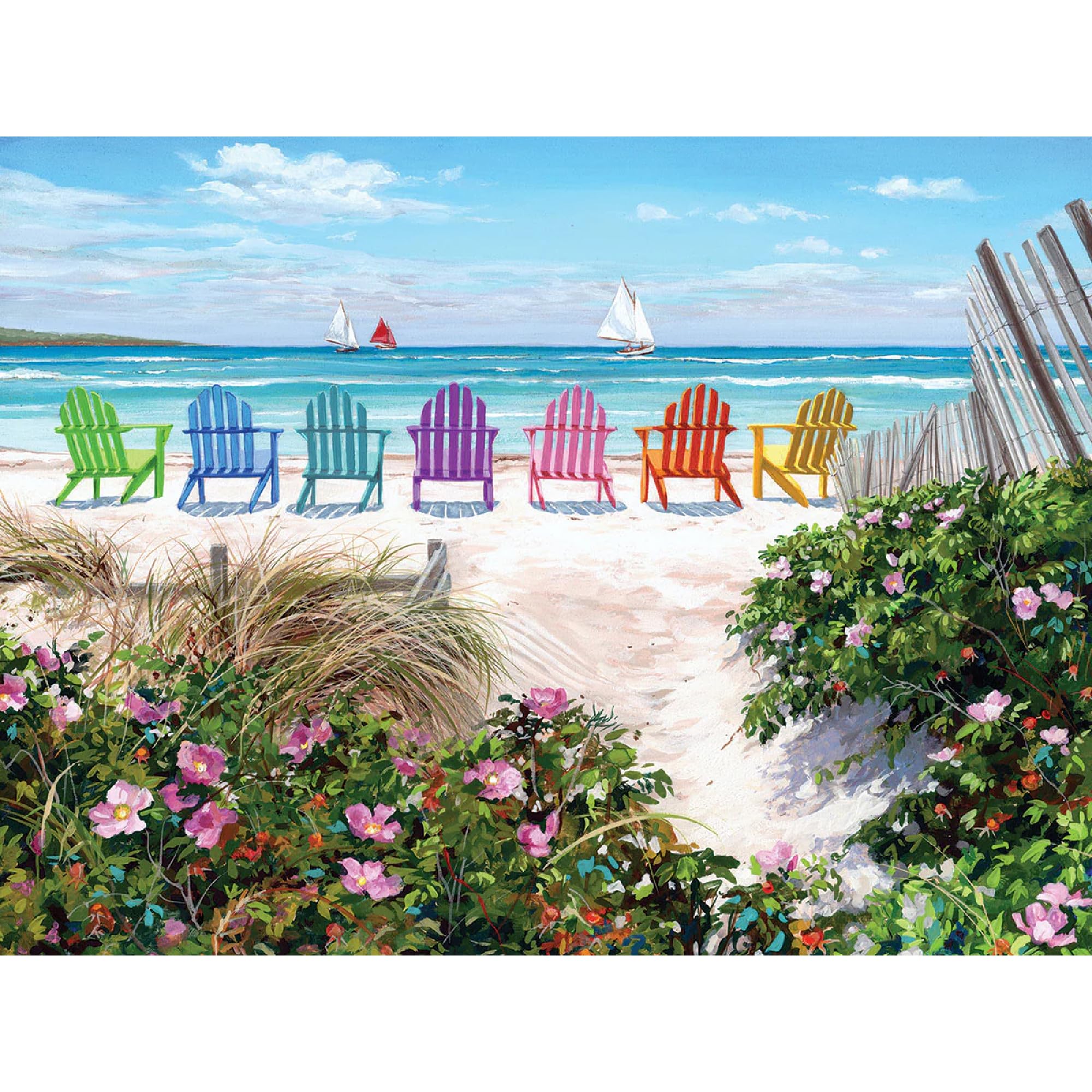 White Mountain Rainbow Chairs Beach Puzzle 500 Pieces Summer Ocean Jigsaw Puzzles for Adult Grandparents and Family