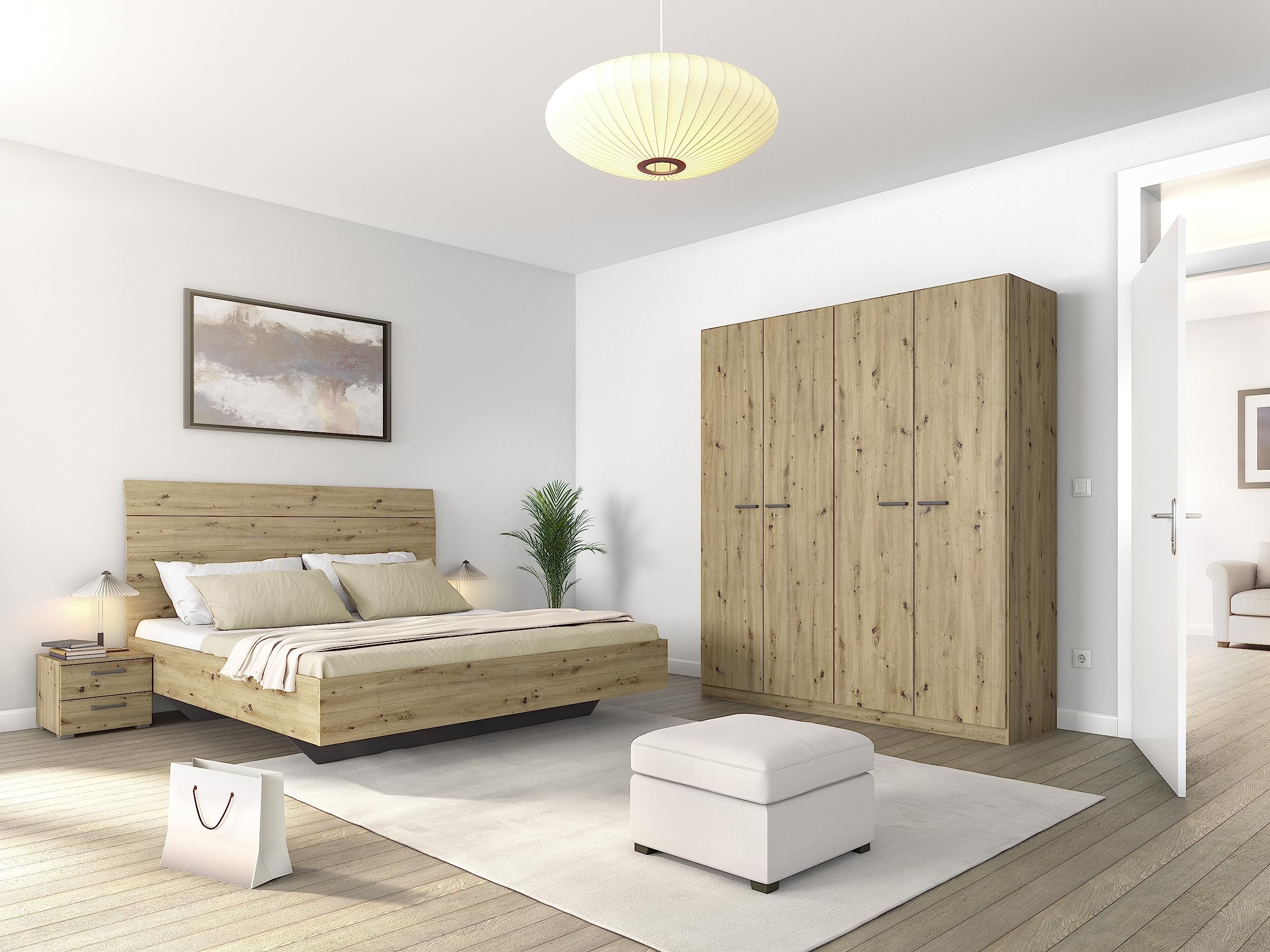Rauch Möbel Chambre à Coucher Florence, chêne Artisan, composée de lit avec Surface de Couchage de 160 x 200 cm, avec 2 Tables de Chevet et Armoire à Portes battantes (l x H x P) : 181 x 210 x 54 cm