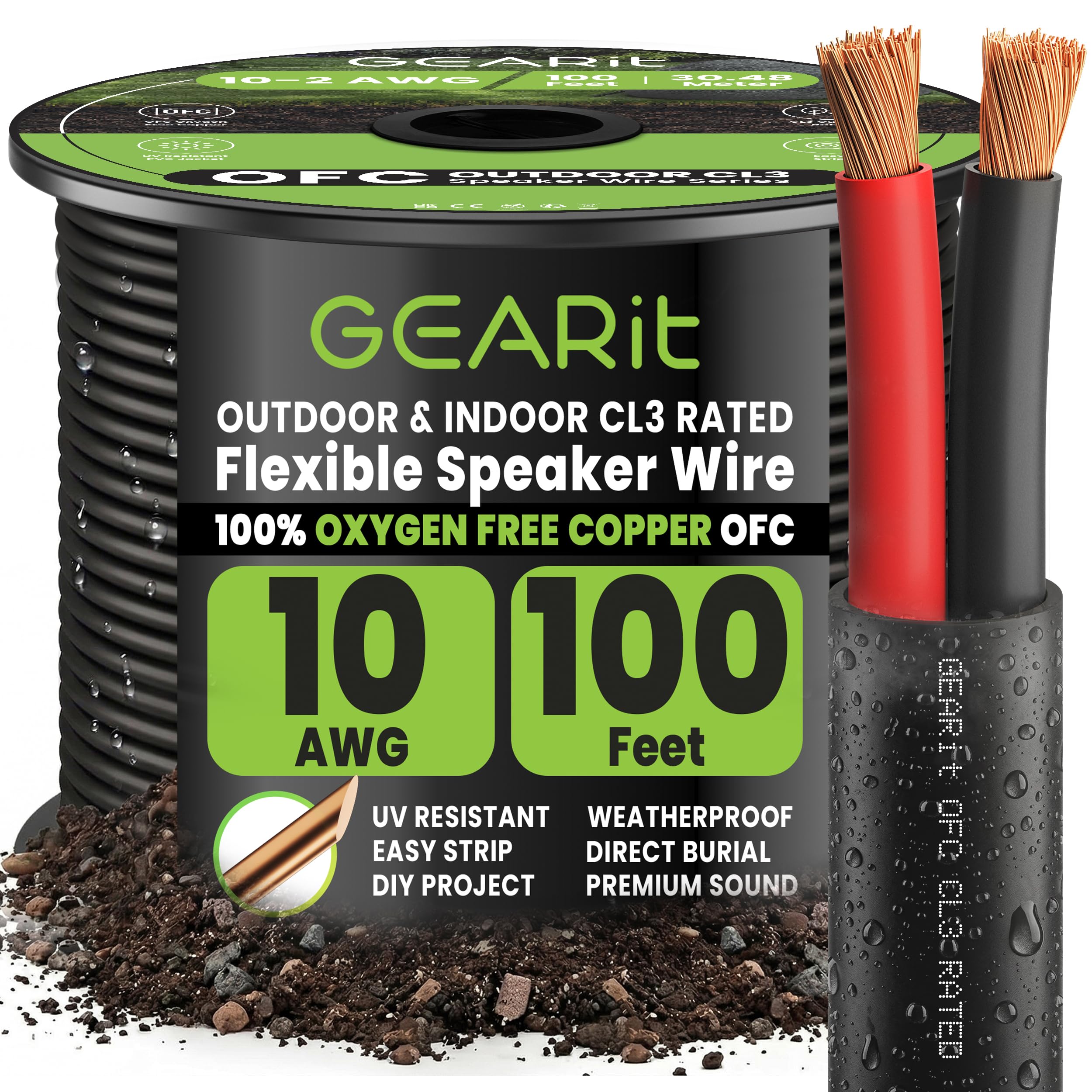 GearIT 10/2 Speaker Wire (100 Feet) 10AWG Gauge - Outdoor Direct Burial in Ground/in Wall / CL3 CL2 Rated / 2 Conductors - OFC Oxygen-Free Copper, Black 100ft