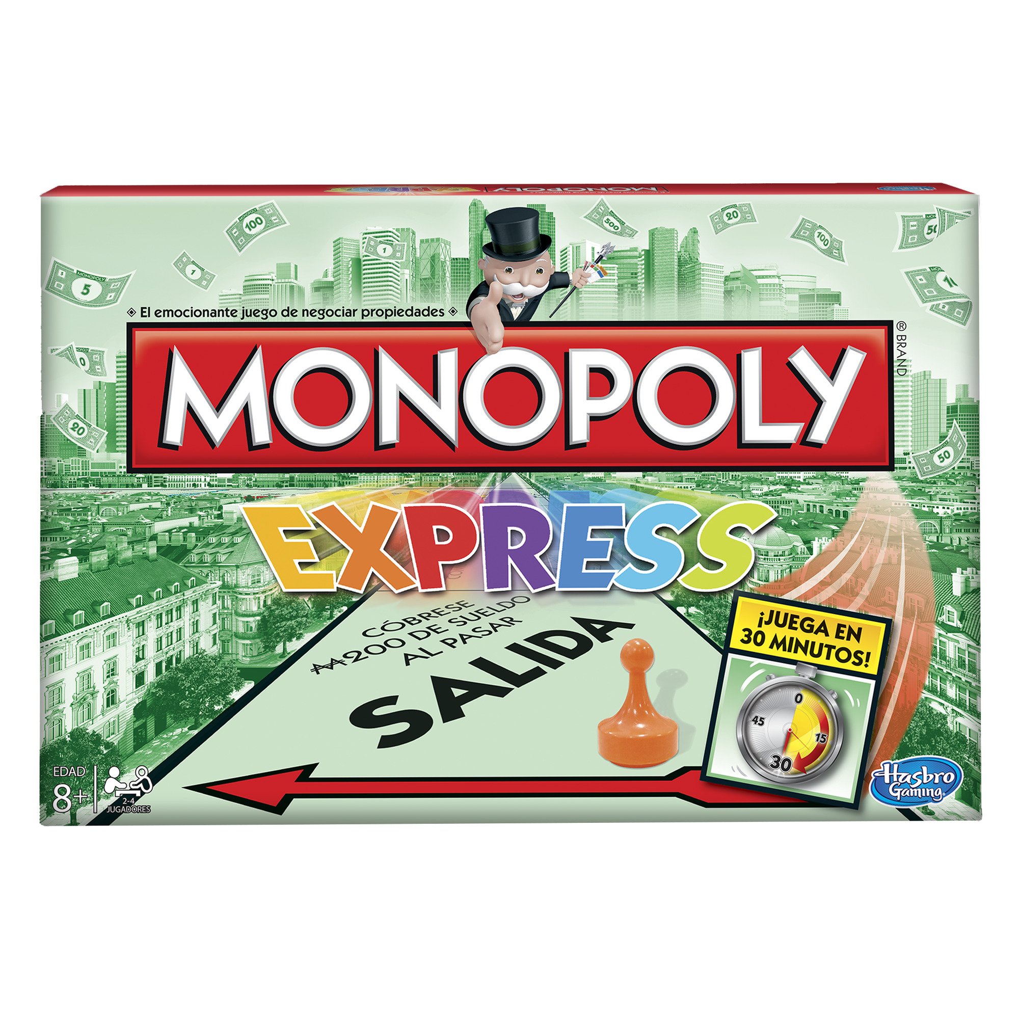 Monopoly Express game components laid out, including the game board, dice, pawns, money, and cards.