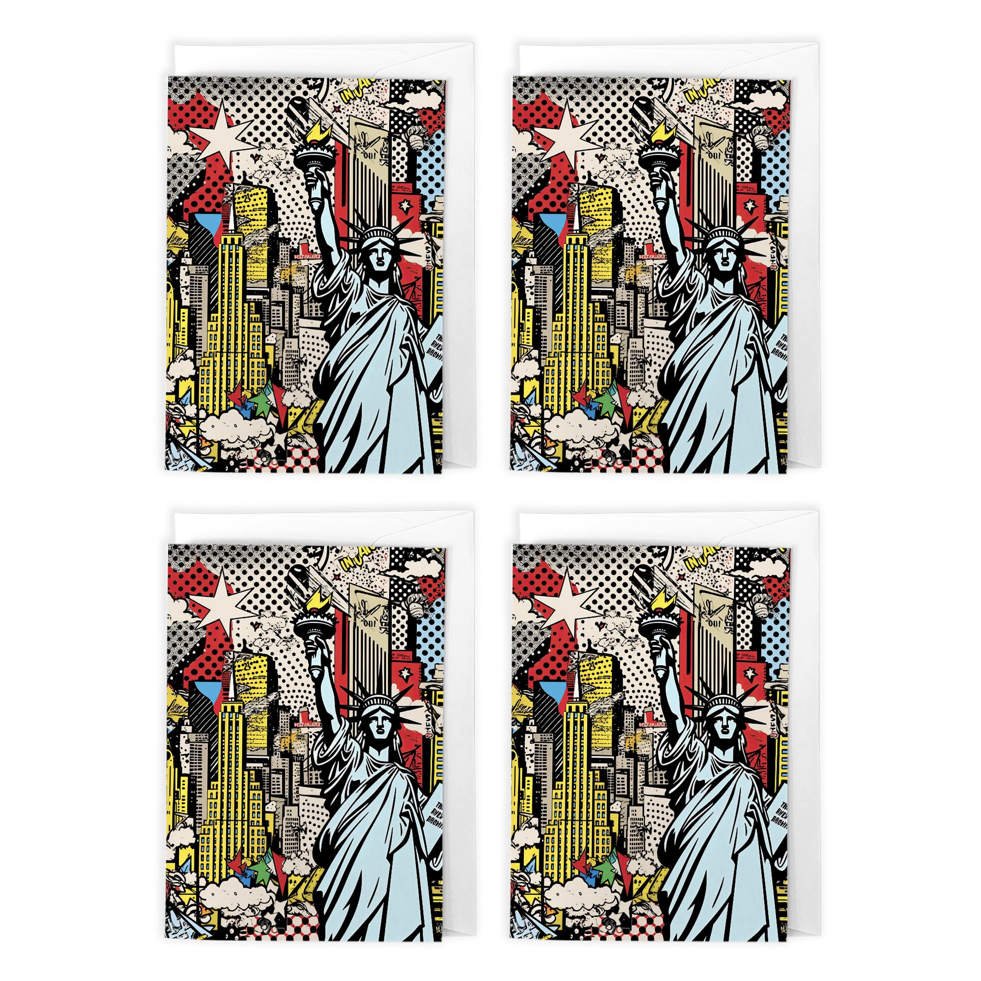 Statue of Liberty Pop Art Cards Multipack of 4 New York City NYC Skyline Greeting Cards For Any Occasion, Blank Inside For Your Message, A6 Size 10 x 15 cms