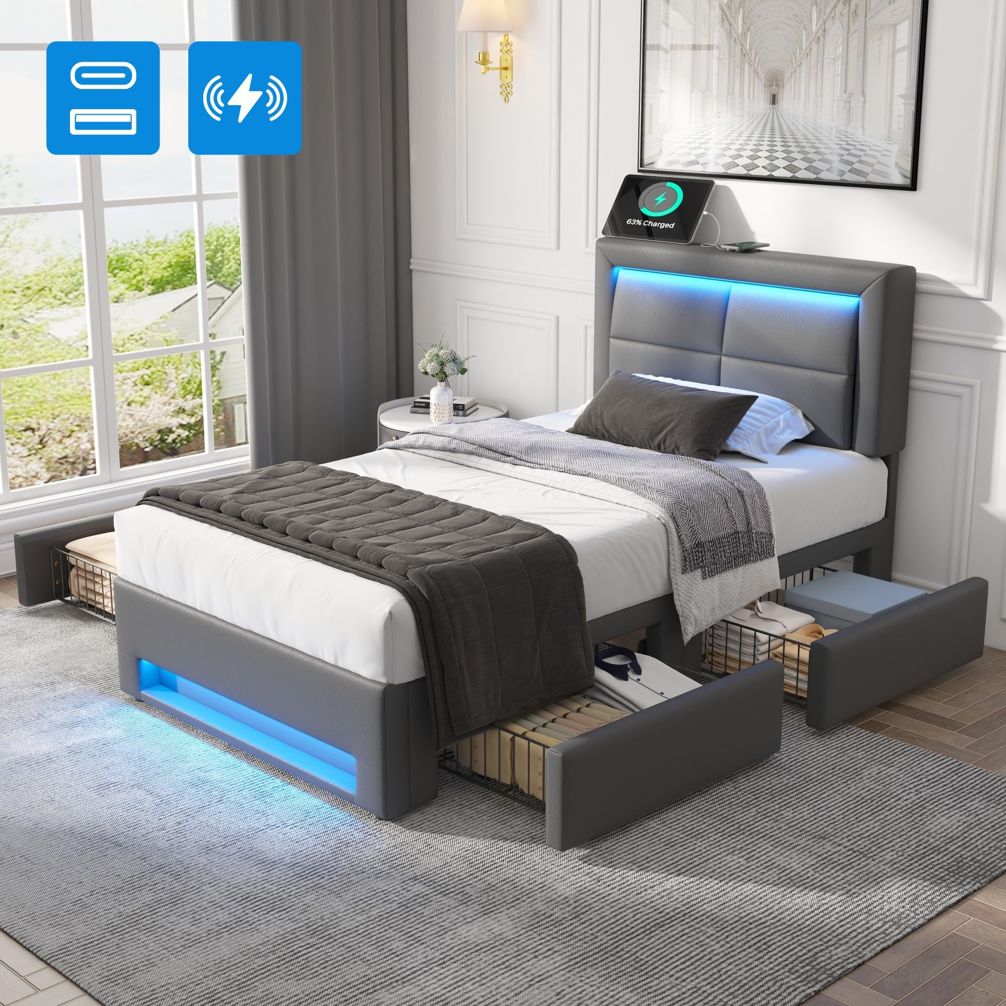 Letto imbottito con porta USB, illuminazione a LED, 90 x 190 cm, 4 cassetti, in pelle PU, grigio, ricarica wireless e cablata, rete a doghe