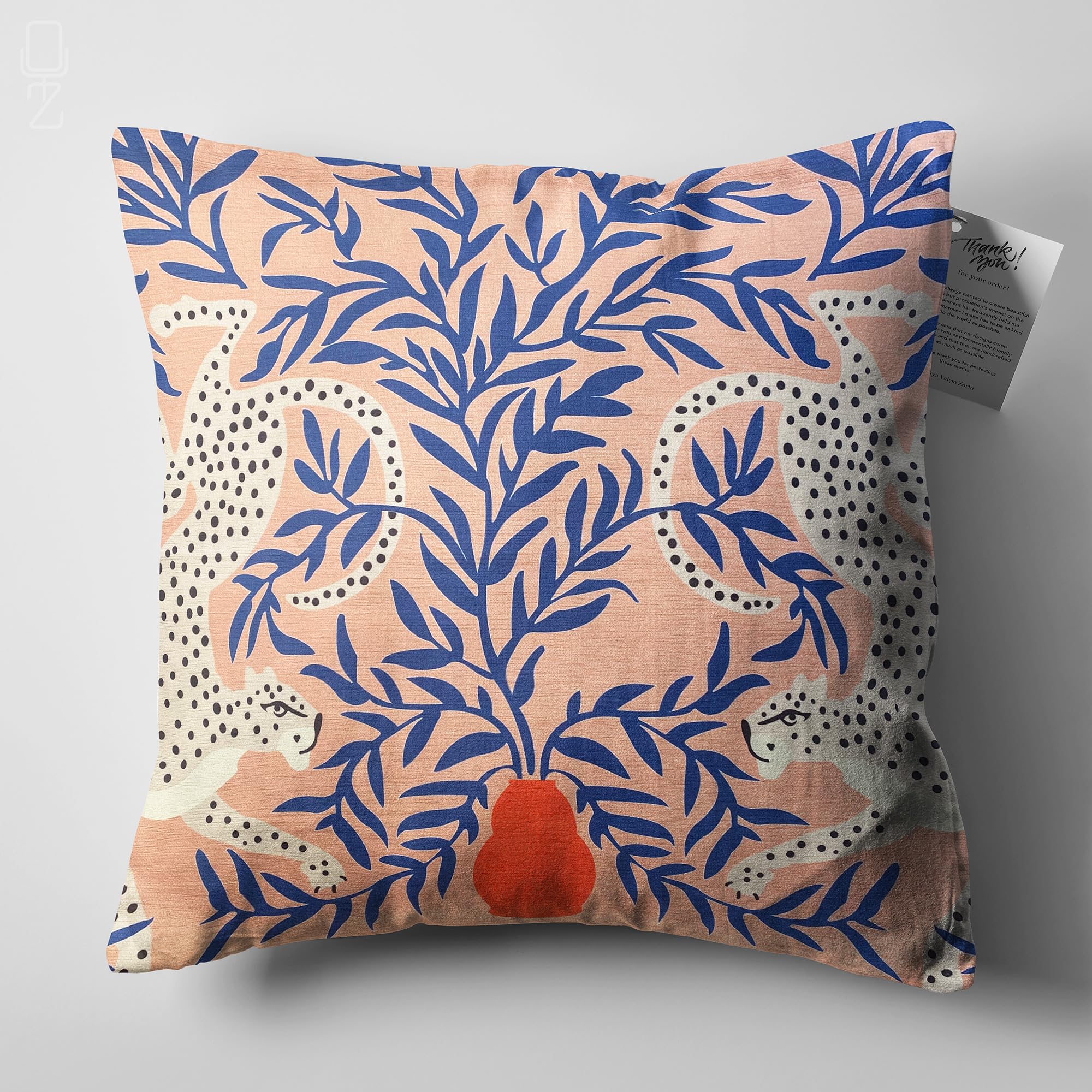 OyzShop Ethnic Cushion Cover, Double Cheetahs in Blue Leaves, Double Sided on the Soft Velvet Fabric, Multi Size Options, OEKO-TEX 60x60cm (24x24 Inches)