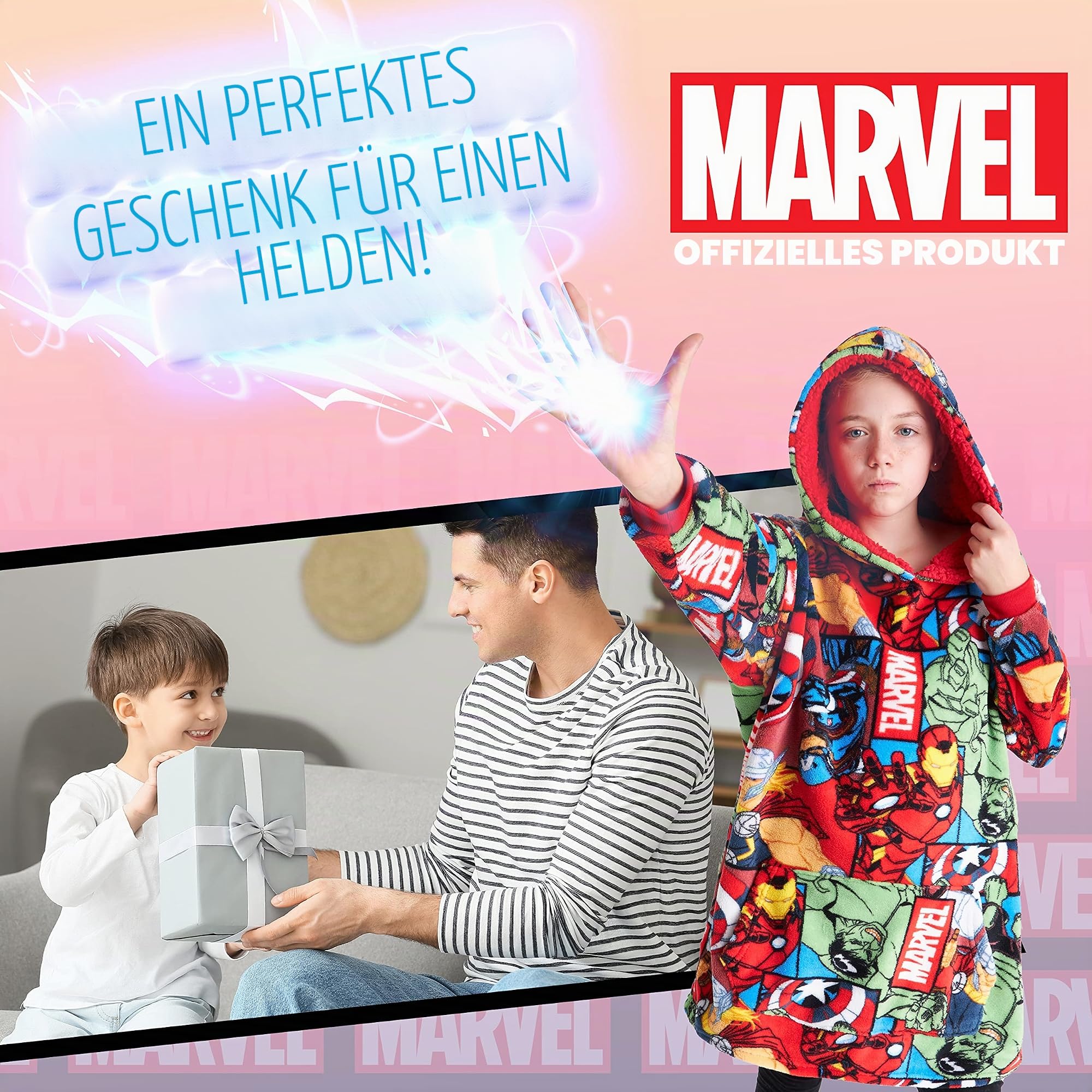 Marvel Oversize Hoodie Decke mit Ärmeln Pullover Jungen Warme Tragbare Kuscheldecke Kapuzenpullover Kinder und Teenager