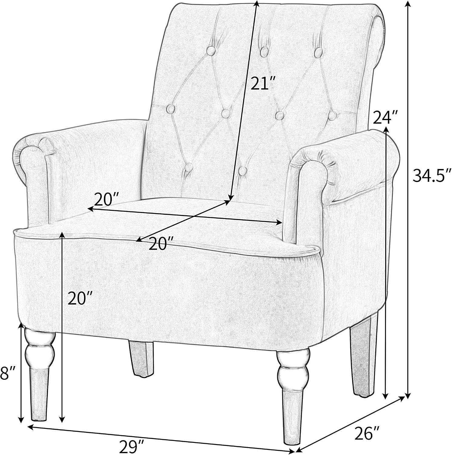 Harper & Bright Designs Modern Elegant Living Room Chairs Button Tufted Club Chair Accent Armchairs Roll Arm with Wooden Legs for Living Room, Reading Room, Bedroom,Off White+Velvet