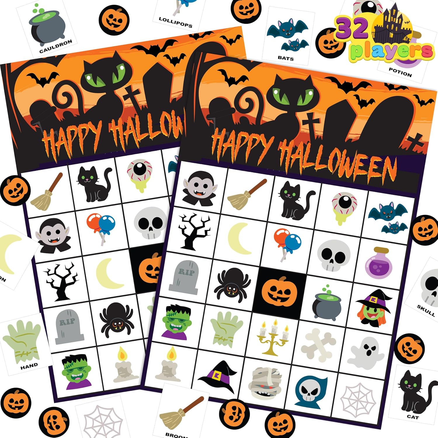 JOYIN 32 Players Halloween Bingo Cards Party Game, Halloween Bingo Games for Kids Adults Family, Group Activities Party Supplies, School Classroom Crafts Treats