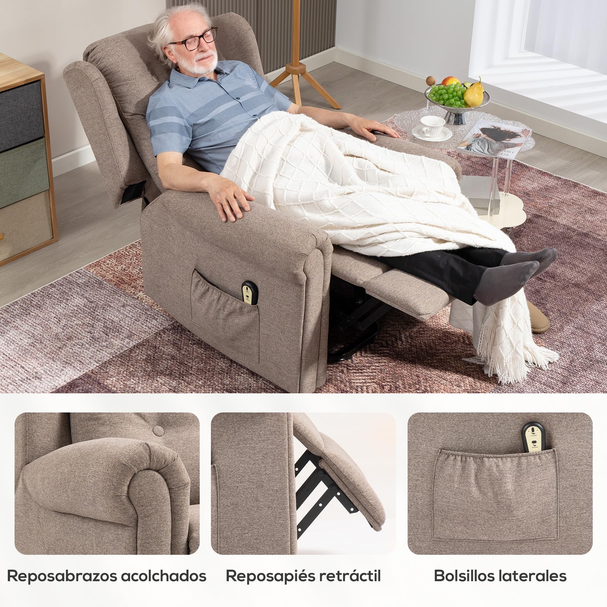 HOMCOM Sillón Relax Reclinable Eléctrico Levanta Personas Sillón Elevador con Respaldo Alto Capitoné Control Remoto Tapizado en Lino y Bolsillos Laterales Marrón Claro